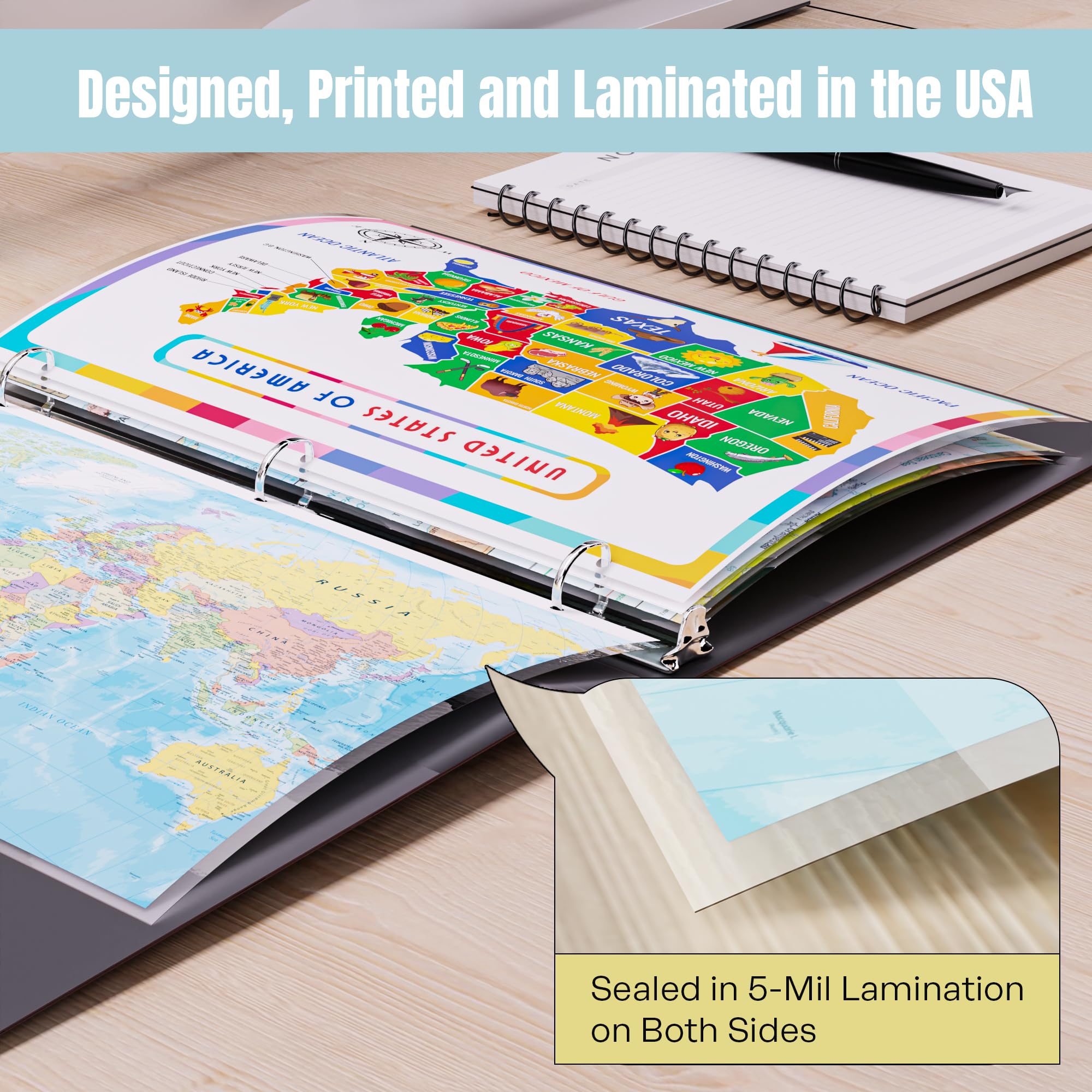 Updated United States Map & States–Cities Reference Page – Laminated, Double-Sided 3-Ring Binder Insert – Durable Gloss