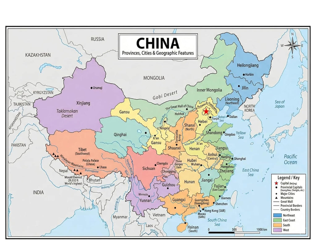 China Map Poster for Kids - 2-Sided Laminated 8.5x11, Provinces Cities & Geographic Features with Blank Practice Map
