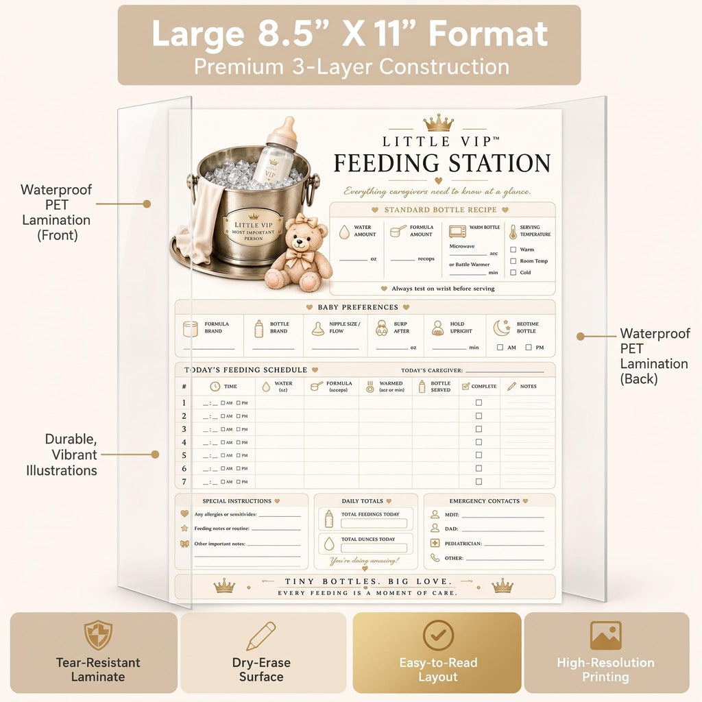 Baby Feeding Tracker, Dry-Erase Bottle Log Chart, 8.5 x 11 Laminated