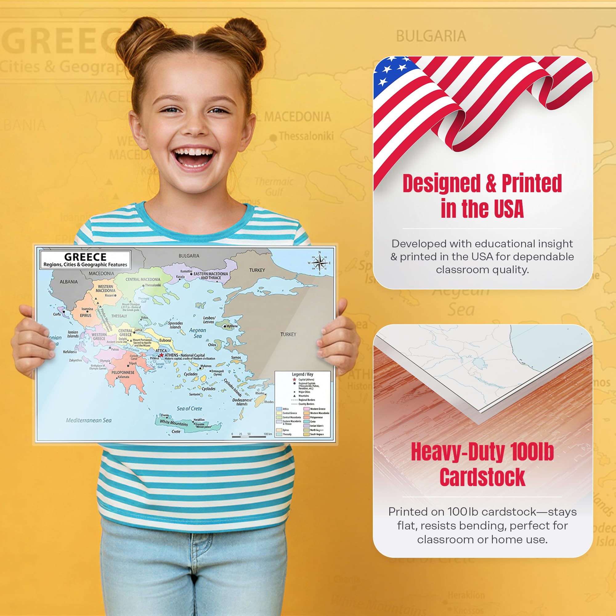 Greece Map Poster 11x17 | Laminated Double-Sided Geography Chart with Color Map Front & Blank Outline Back | Reusable