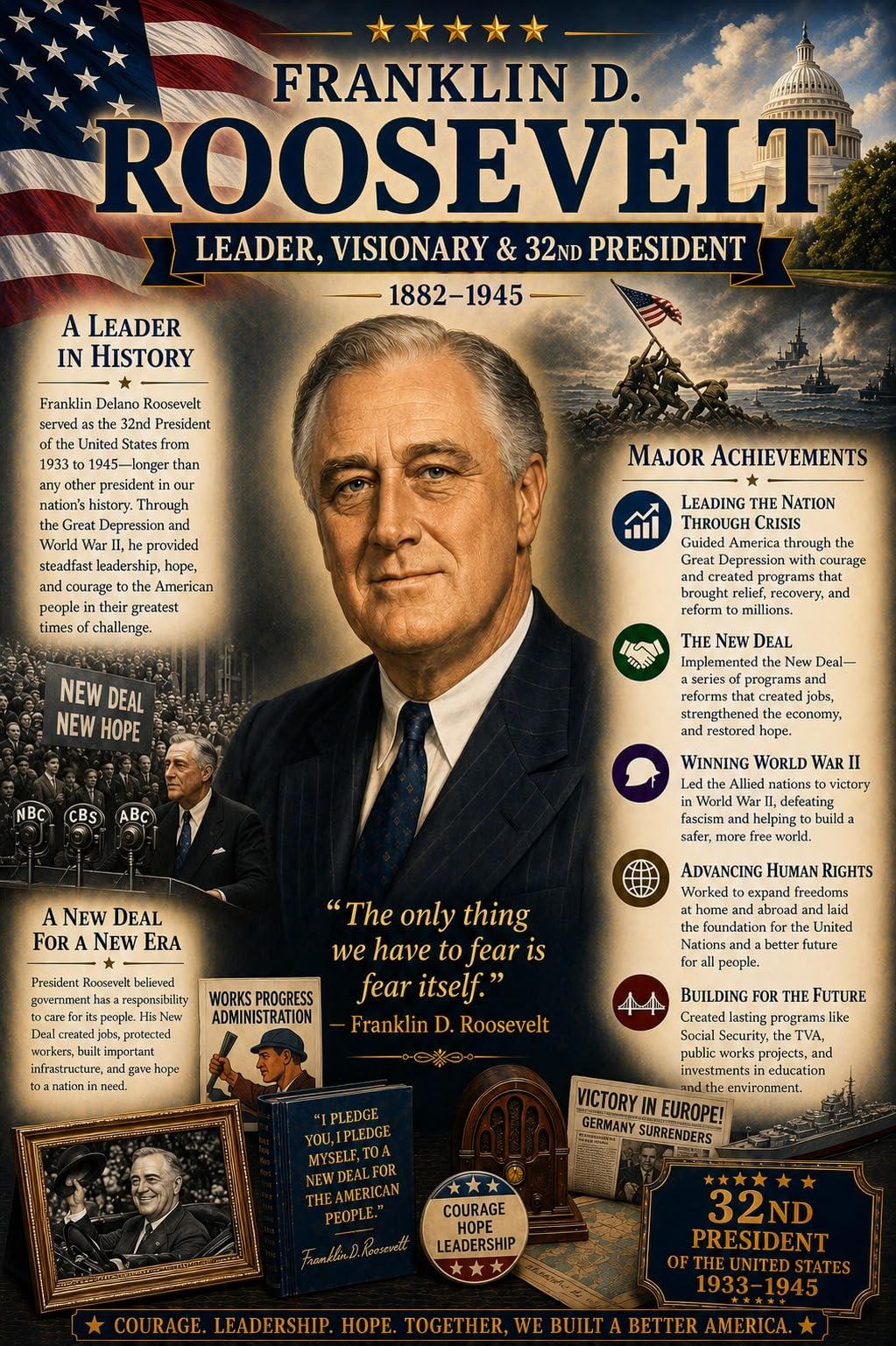 Franklin D. Roosevelt Poster, 32nd U.S. President, 8.5x11 Laminated