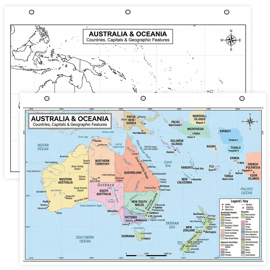 Australia & Oceania Map Poster for Kids - 2-Sided Laminated 8.5x11, Countries Capitals & Geographic Features with Blank
