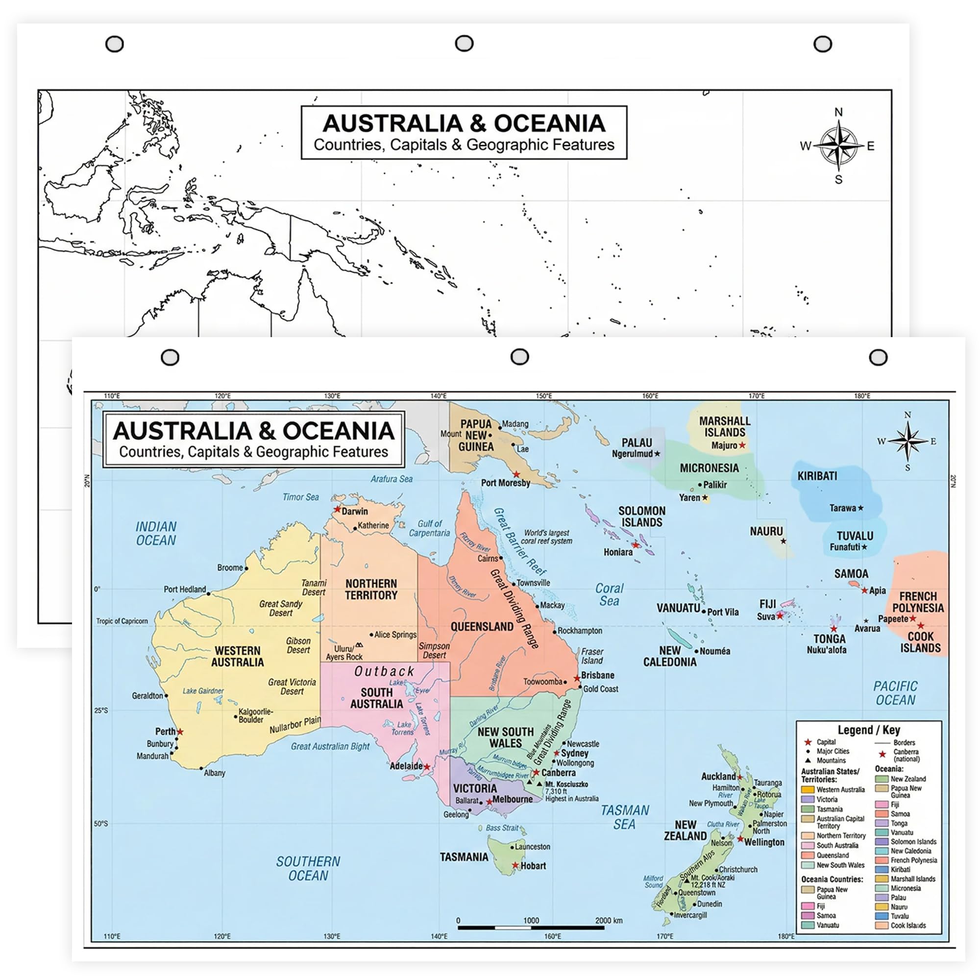 Australia & Oceania Map Poster for Kids - 2-Sided Laminated 8.5x11, Countries Capitals & Geographic Features with Blank