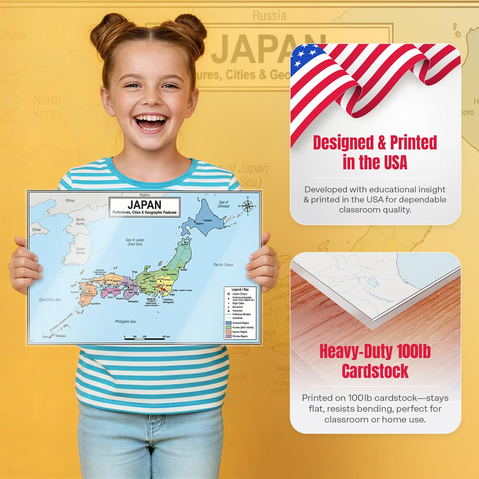 Japan Map Poster 11x17 | Laminated Double-Sided Geography Chart with Color Map Front & Blank Outline Back | Reusable