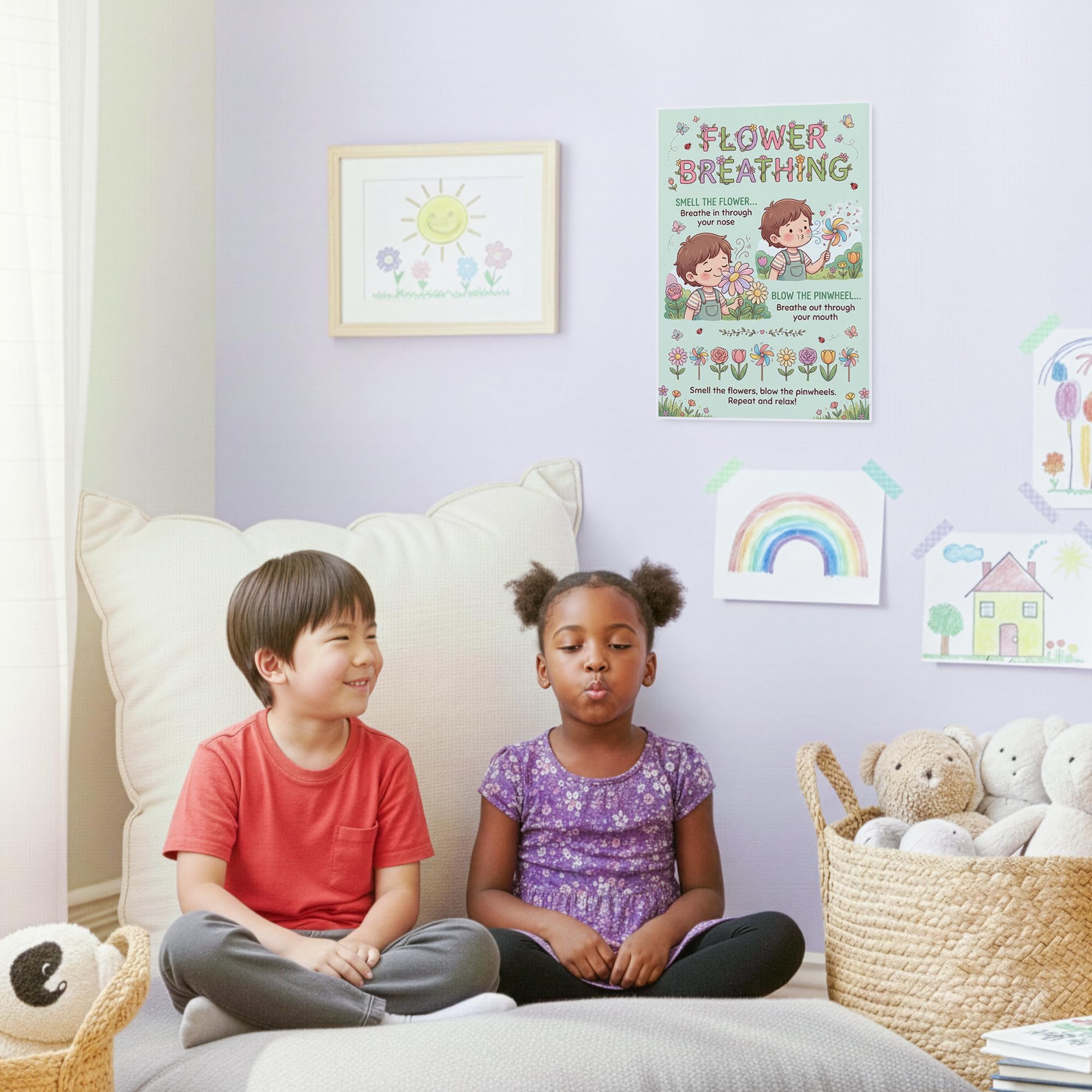 JELLY BEAN GENIUS Smell the Flower Blow the Pinwheel Breathing Poster for Kids – Deep Breathing & Emotional Awareness