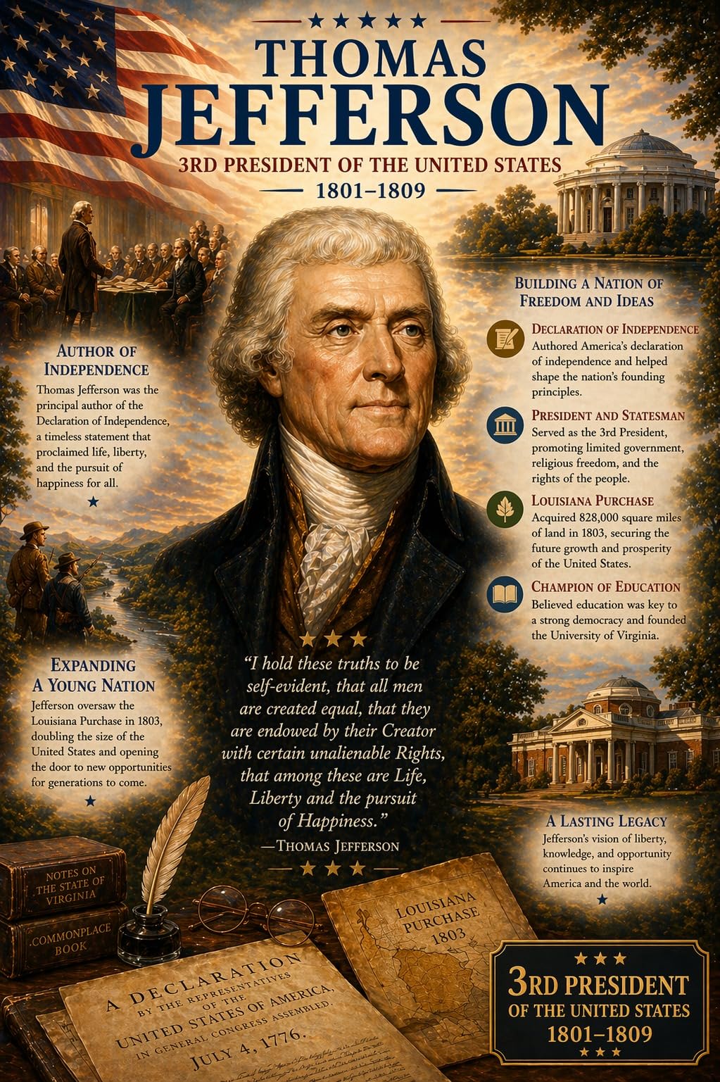 JELLY BEAN GENIUS Thomas Jefferson Poster (8.5x11 Laminated) – American Presidents Educational Series | 3rd U.S. President Biography Chart | Classroom & Homeschool Learning Charts