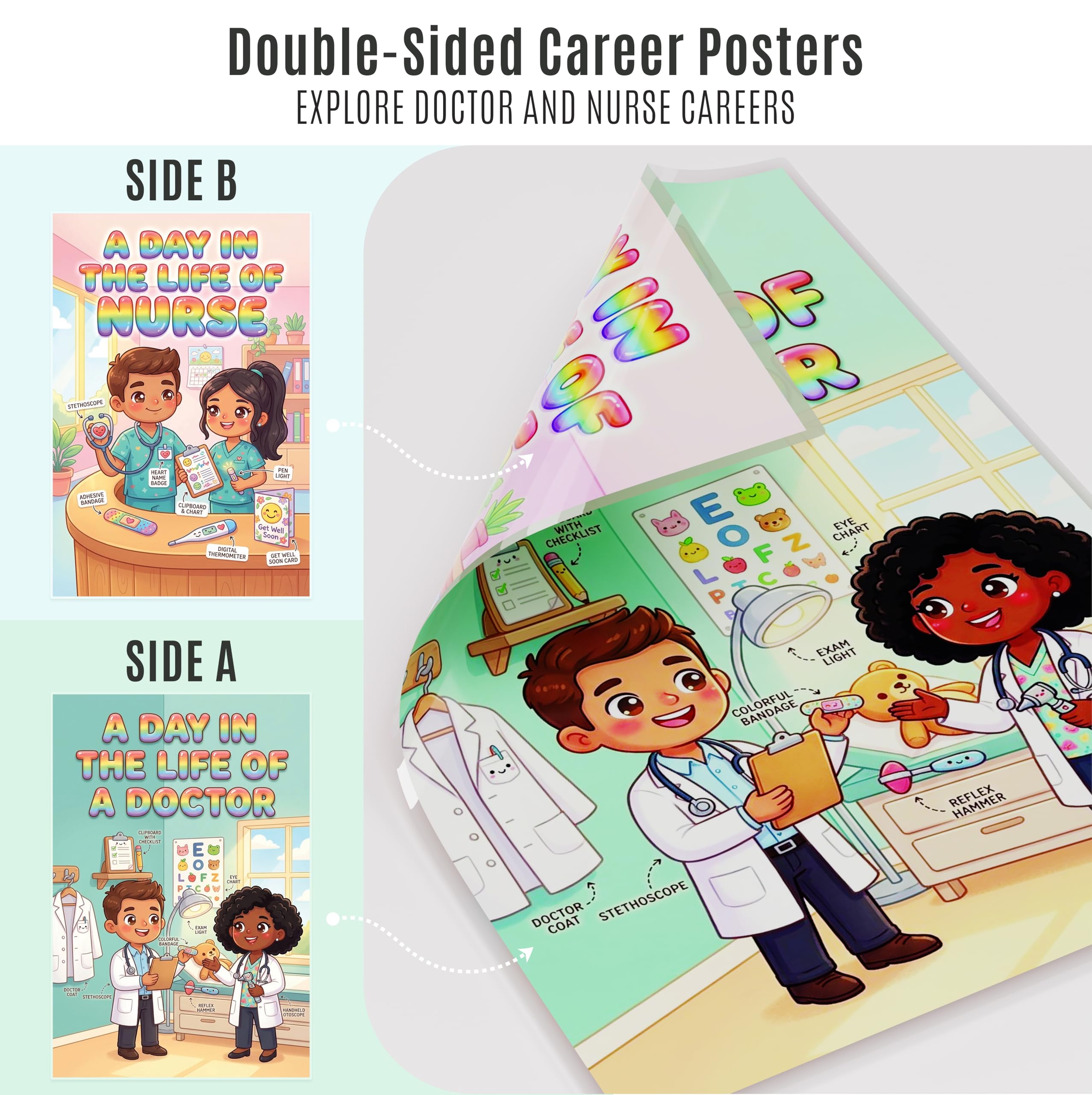 JELLY BEAN GENIUS Doctor and Nurse Poster for Kids – Laminated Double-Sided Community Helpers Career Wall Art & Educational