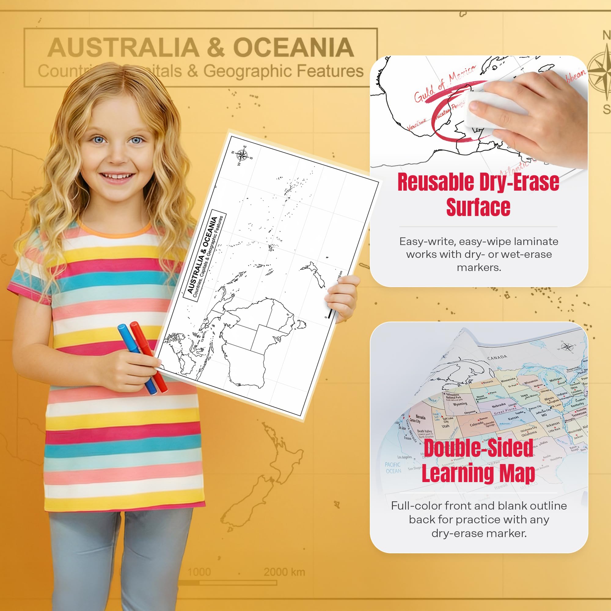 Australia & Oceania Map 11x17 Laminated Dry Erase Geography Chart | Double-Sided with Color Front & Blank Outline Back |