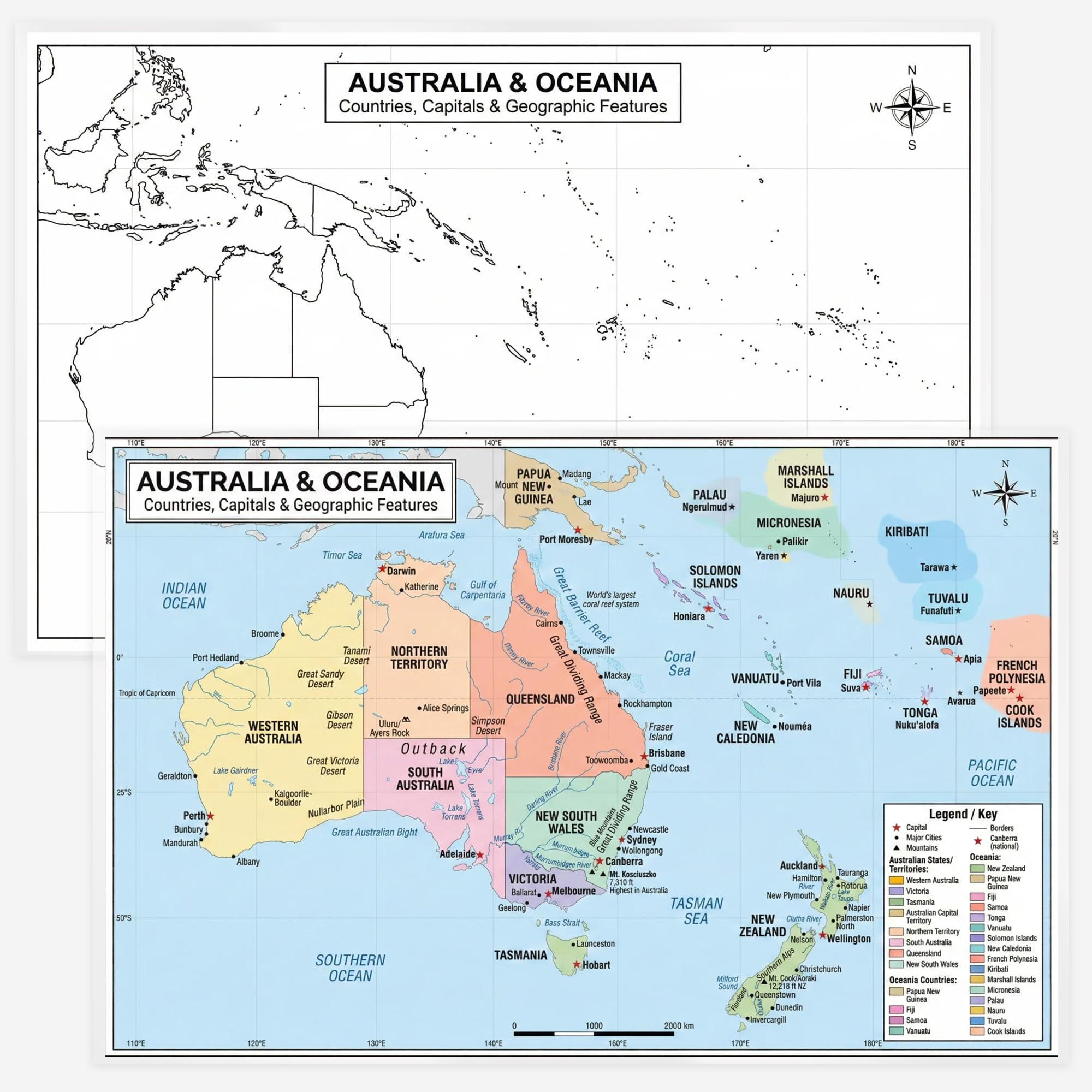 Australia & Oceania Map 11x17 Laminated Dry Erase Geography Chart | Double-Sided with Color Front & Blank Outline Back |