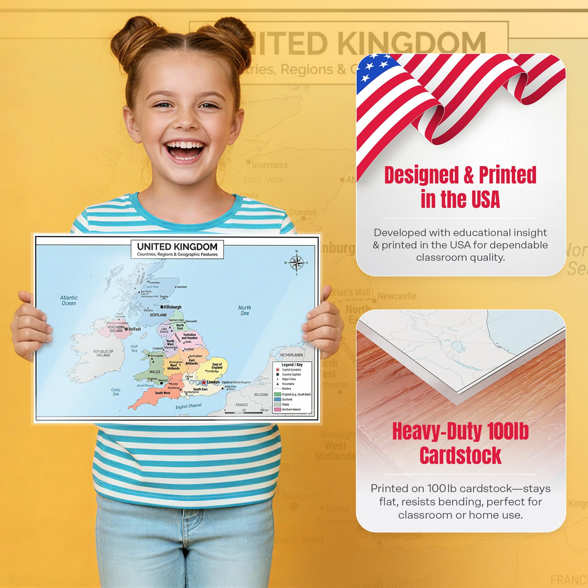 United Kingdom Poster 11x17 | Laminated Double-Sided Geography Chart with Color Map Front & Blank Outline Back | Reusable
