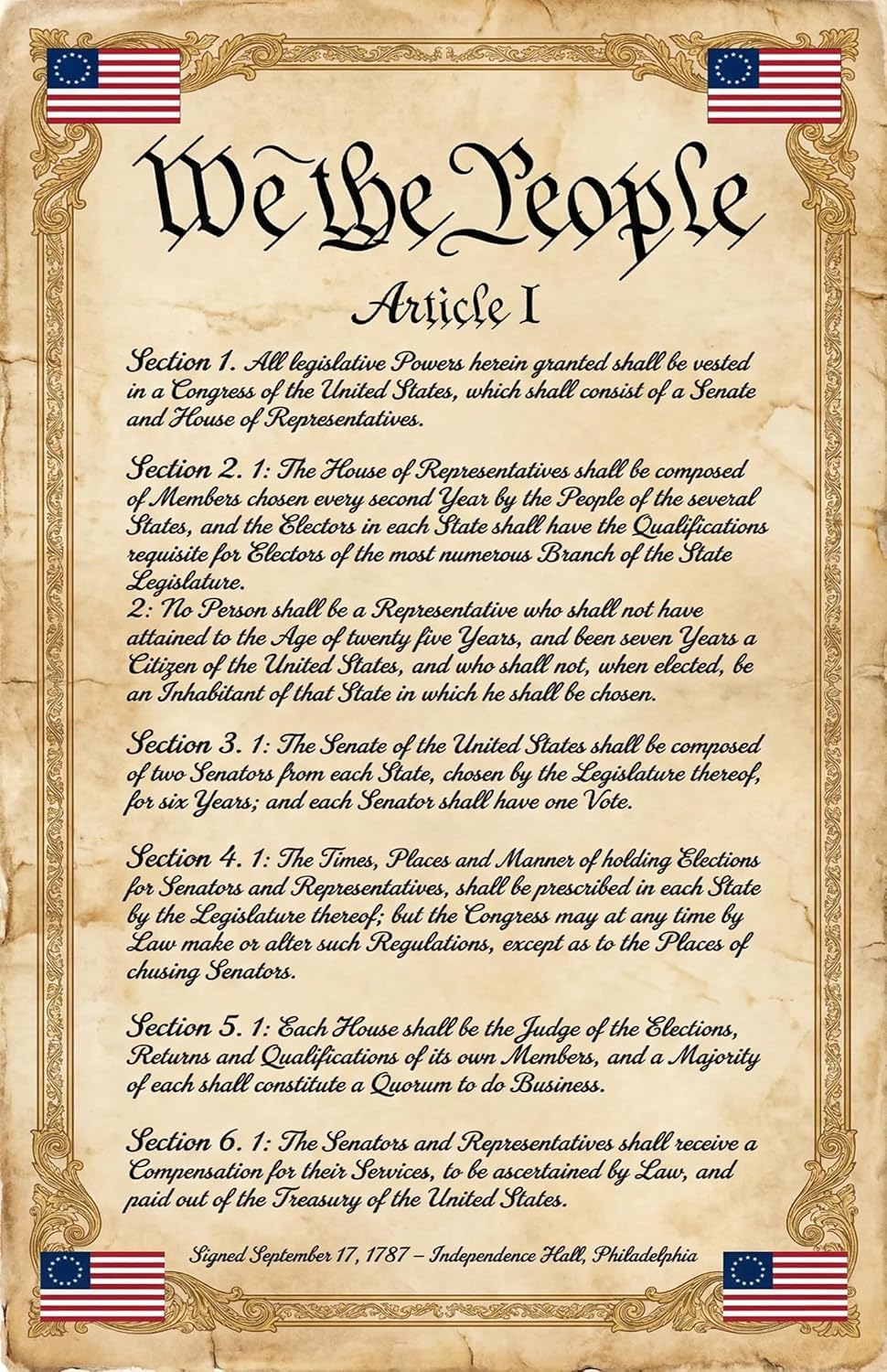 JELLY BEAN GENIUS Constitution Poster Set (4 Pack) - Framers, Summary, Flag, Article I - Laminated 11x17 - US History Classroom Bundle - Educational Wall Art