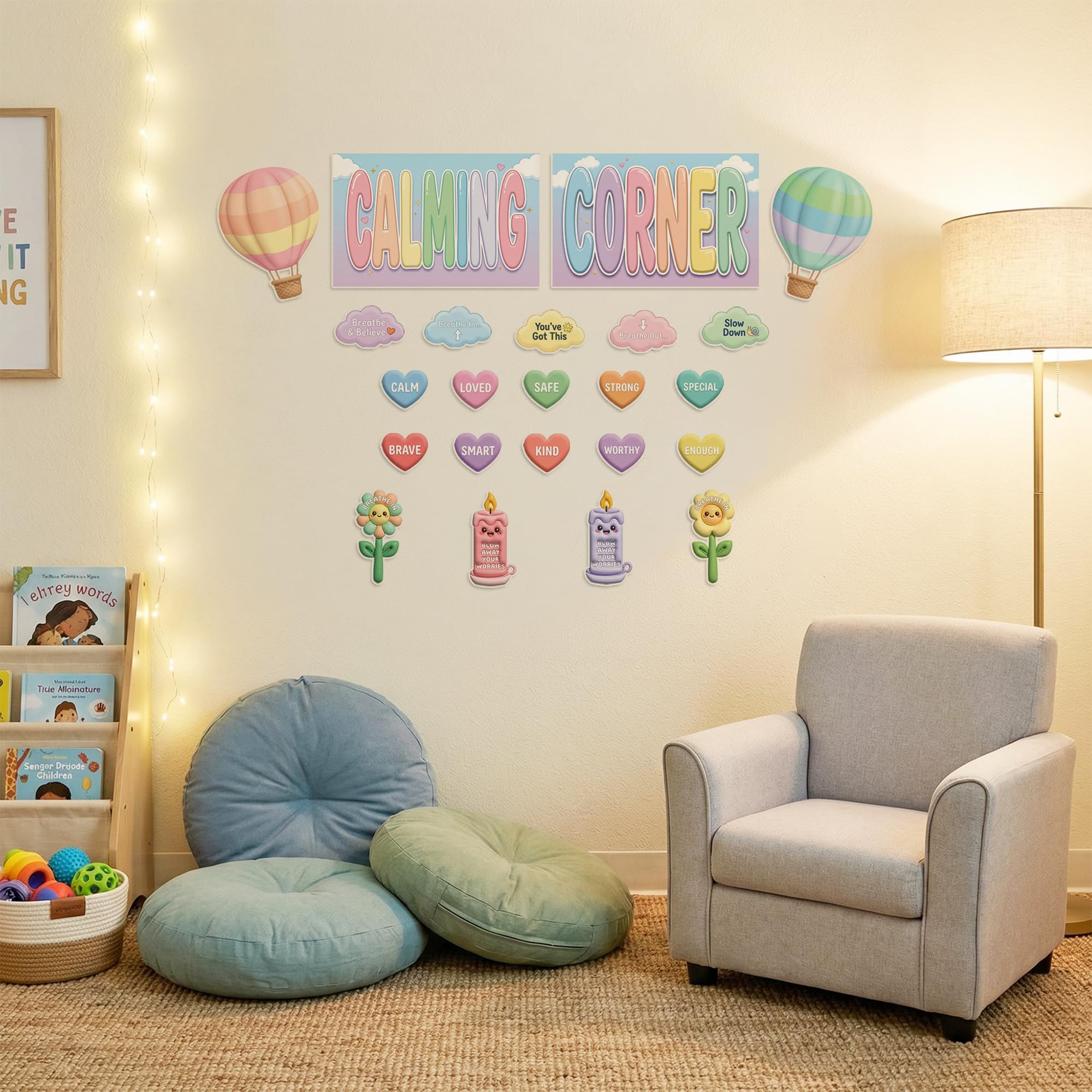 JELLY BEAN GENIUS Calming Corner Decorative Accent Set for Kids – 23-Piece Laminated Coordinated Visuals for Emotional