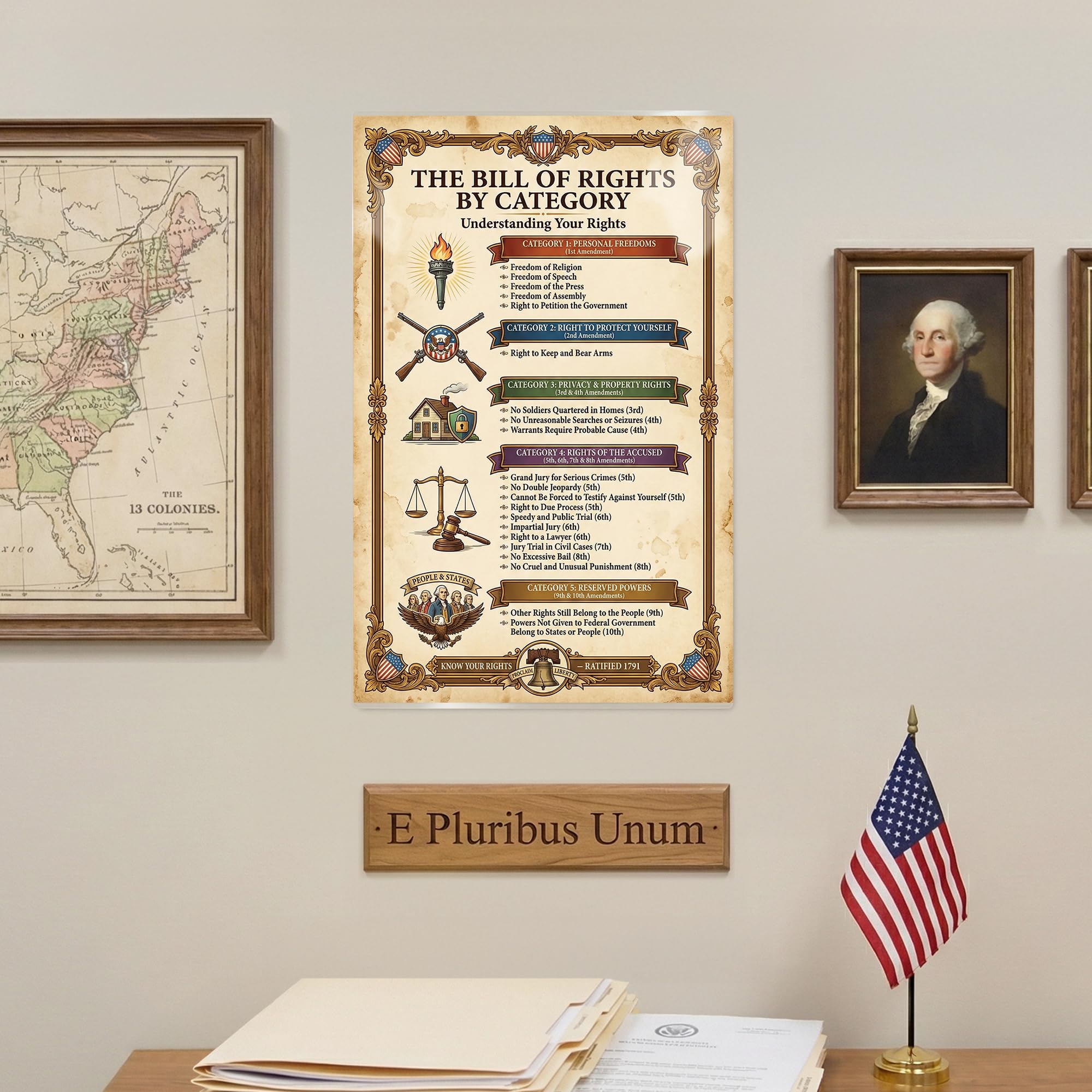 JELLY BEAN GENIUS Bill of Rights by Category Poster - Constitutional Rights Organized by Type - Laminated 11x17