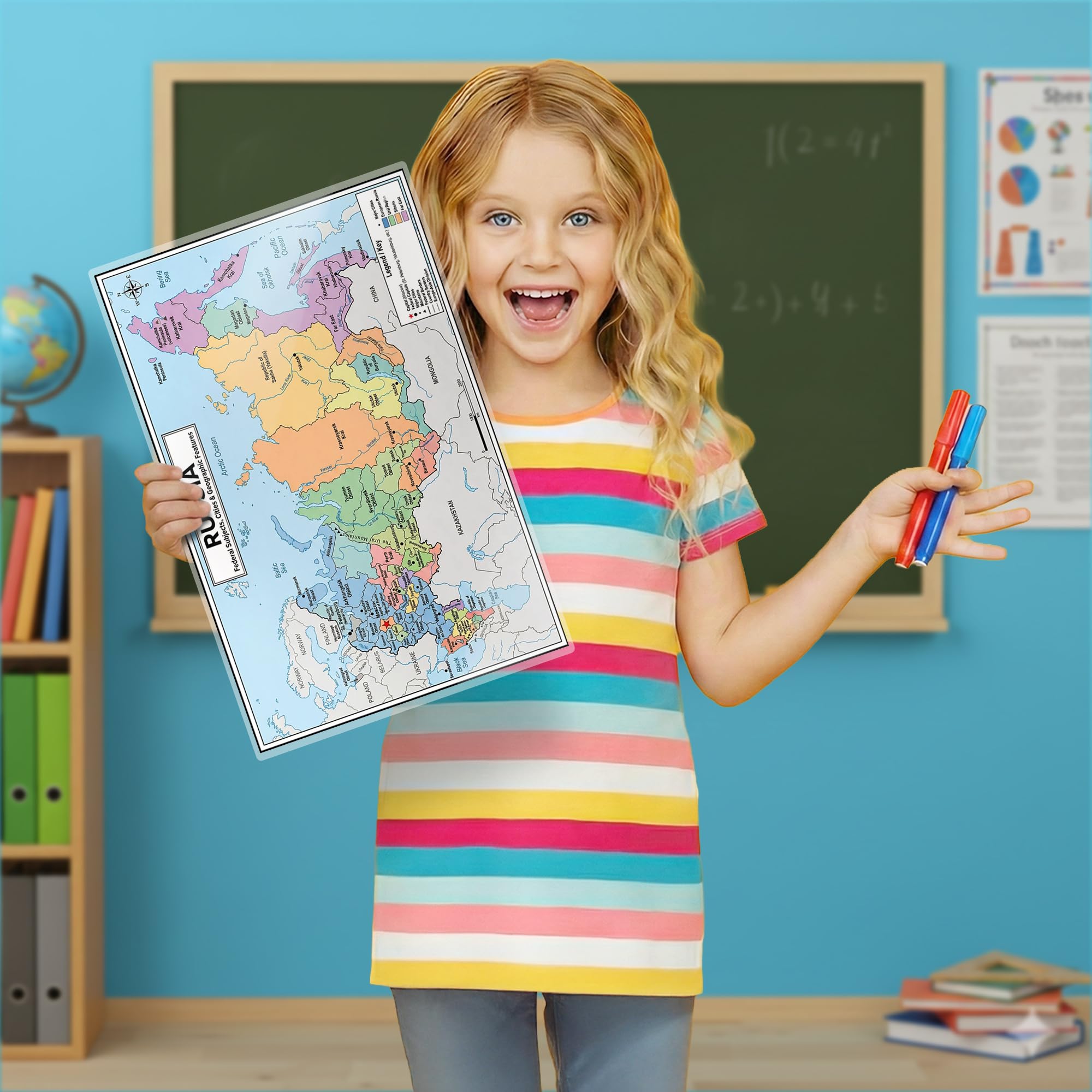 Russia Map Poster 11x17 | Laminated Double-Sided Geography Chart with Color Map Front & Blank Outline Back | Reusable