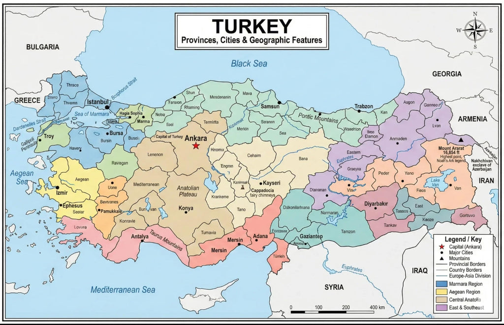 Turkey Map Poster 11x17 | Laminated Double-Sided Geography Chart with Color Map Front & Blank Outline Back | Reusable