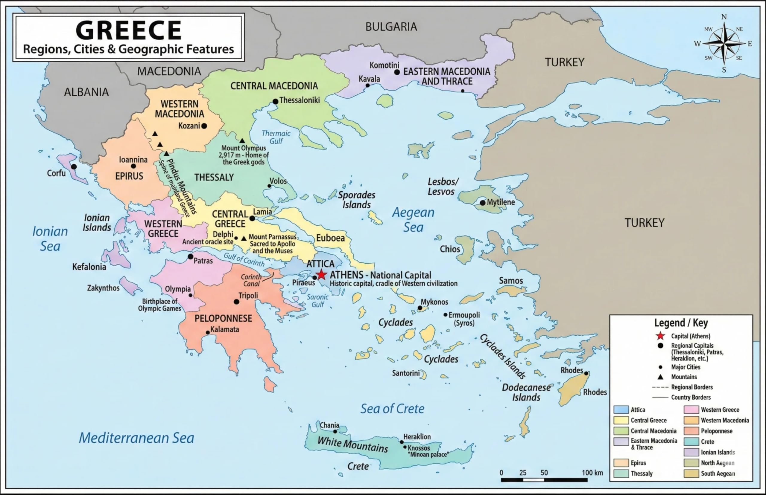 Greece Map Poster 11x17 | Laminated Double-Sided Geography Chart with Color Map Front & Blank Outline Back | Reusable