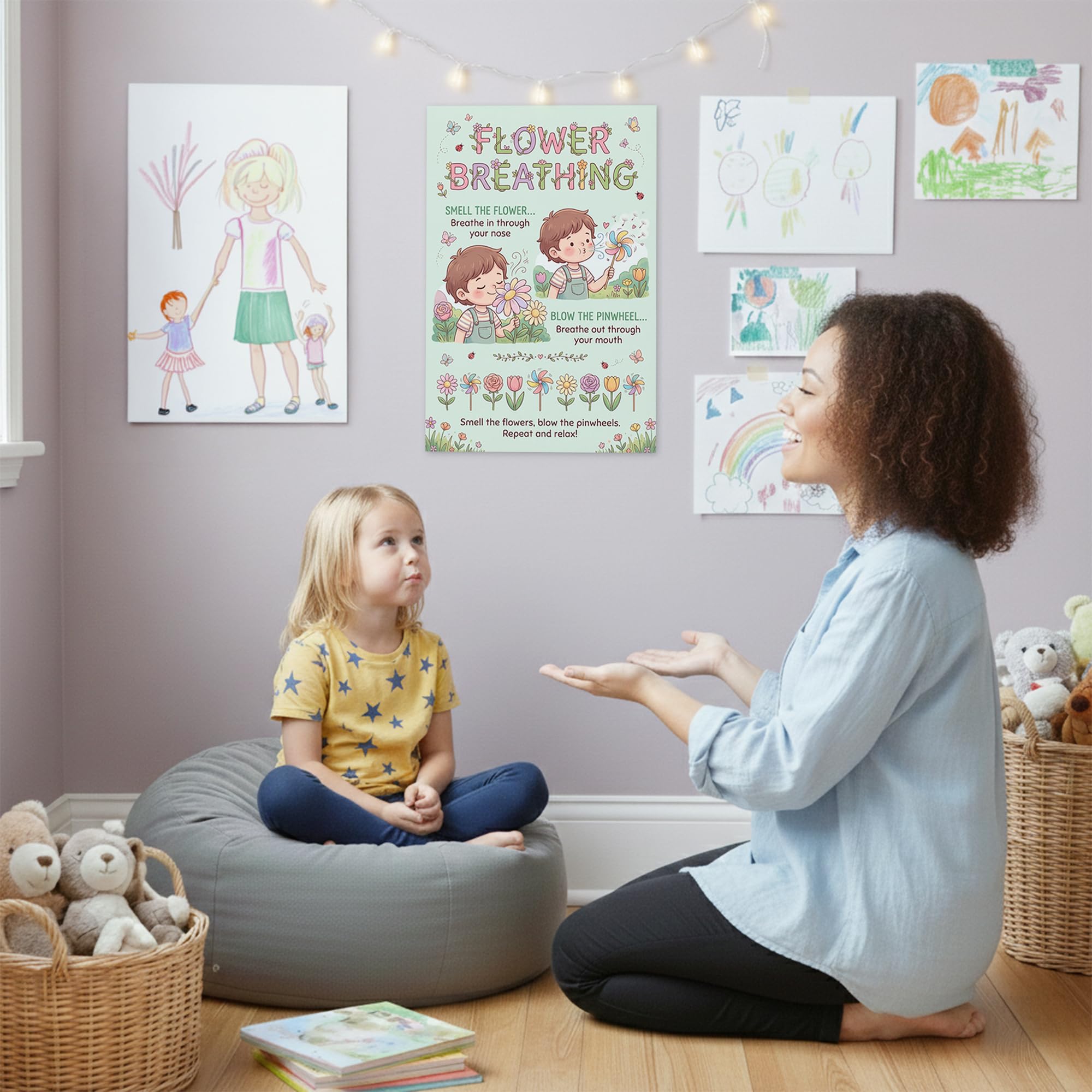JELLY BEAN GENIUS Smell the Flower Blow the Pinwheel Breathing Poster for Kids – Deep Breathing & Emotional Awareness