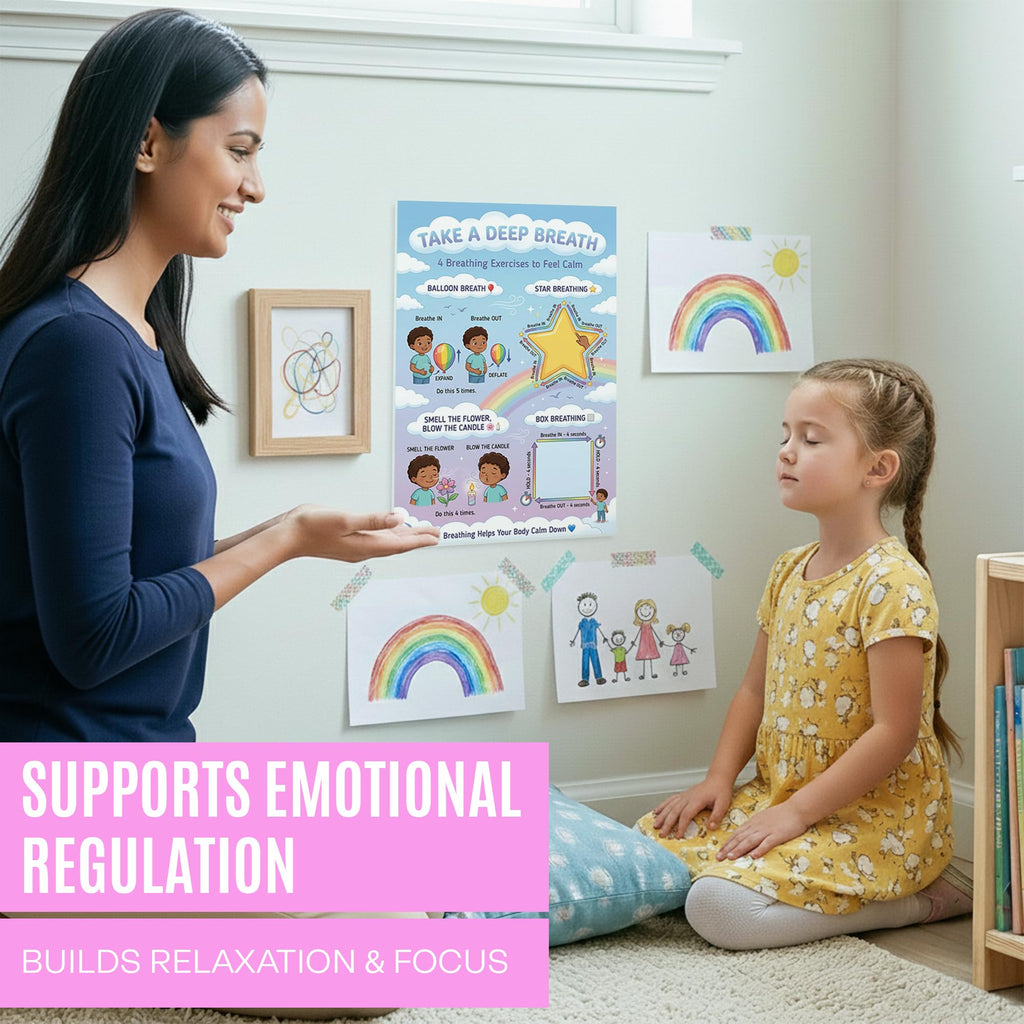JELLY BEAN GENIUS 4 Breathing Exercises Poster for Kids – Balloon, Star, Flower & Box Breathing Emotional Awareness Visual