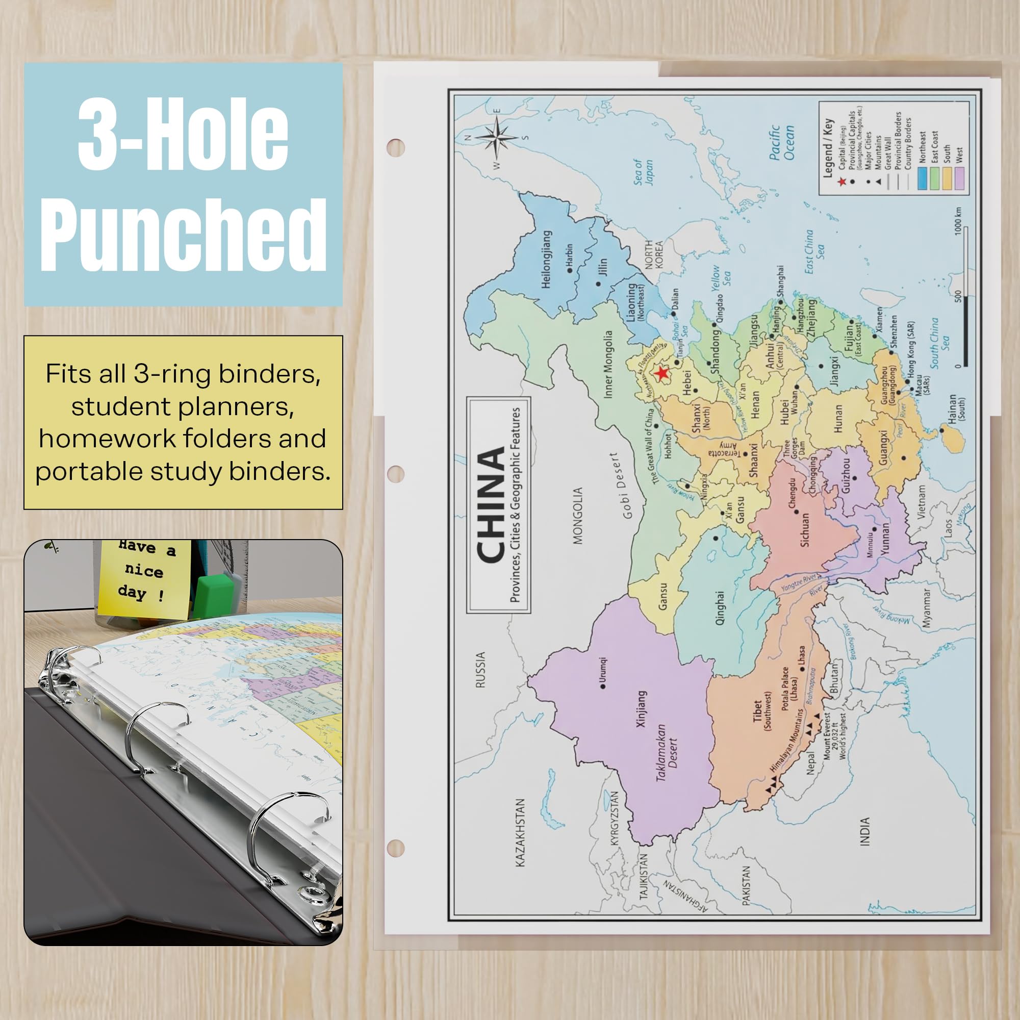 China Map Poster for Kids - 2-Sided Laminated 8.5x11, Provinces Cities & Geographic Features with Blank Practice Map
