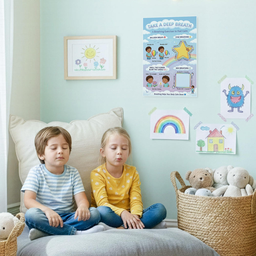 JELLY BEAN GENIUS 4 Breathing Exercises Poster for Kids – Balloon, Star, Flower & Box Breathing Emotional Awareness Visual
