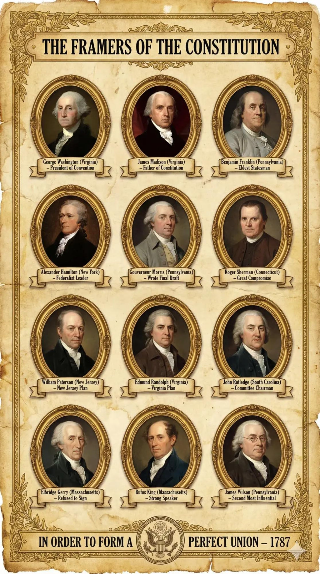 JELLY BEAN GENIUS Framers of the Constitution Poster - Founding Fathers Educational Wall Art - Laminated 11x17 - US History