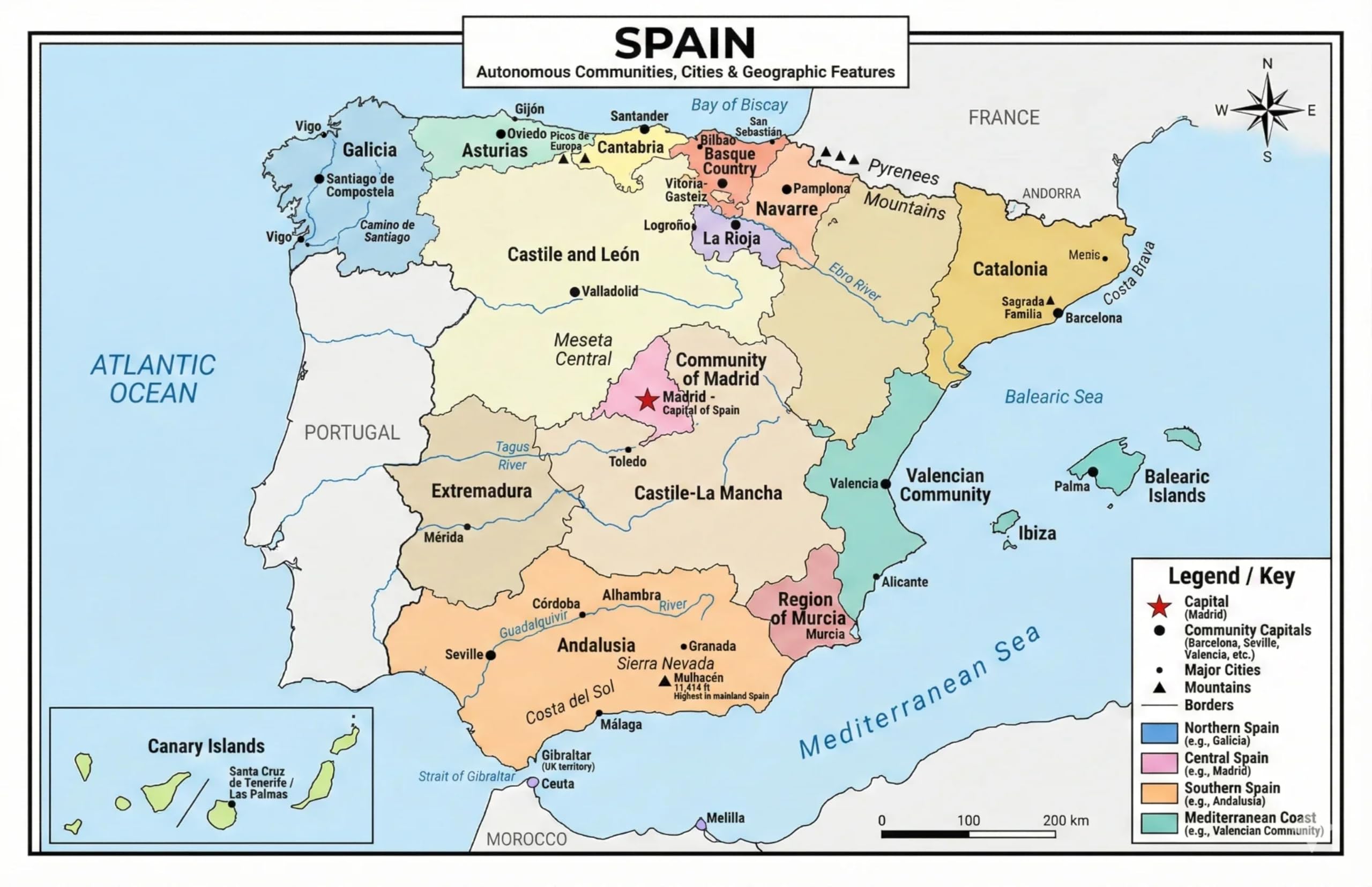 Spain Map Poster 11x17 | Laminated Double-Sided Geography Chart with Color Map Front & Blank Outline Back | Reusable