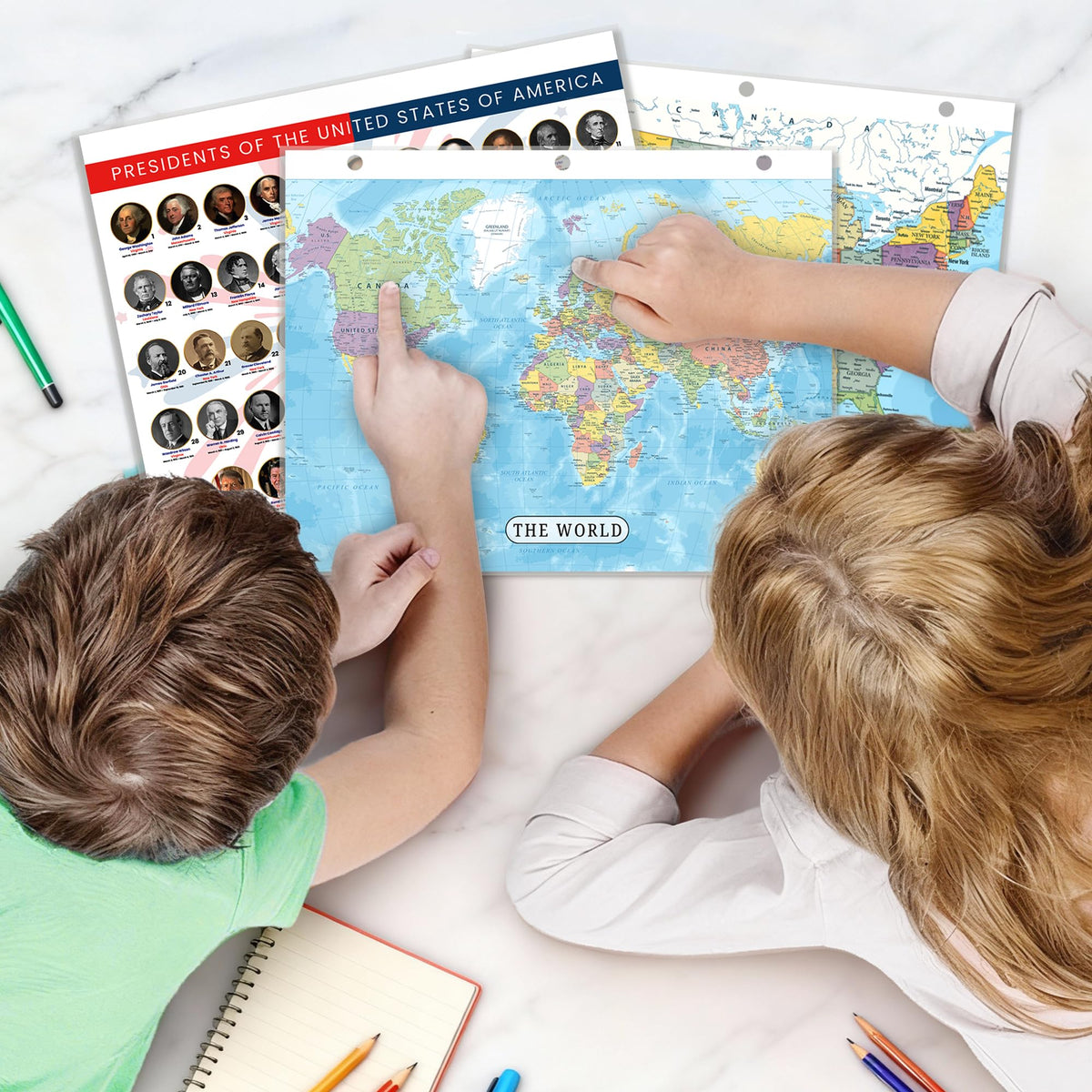 Central America Map & World Map Reference Page – Laminated, Double-Sided 3-Ring Binder Insert – Durable Gloss Geography Chart for Study & Binder Organization