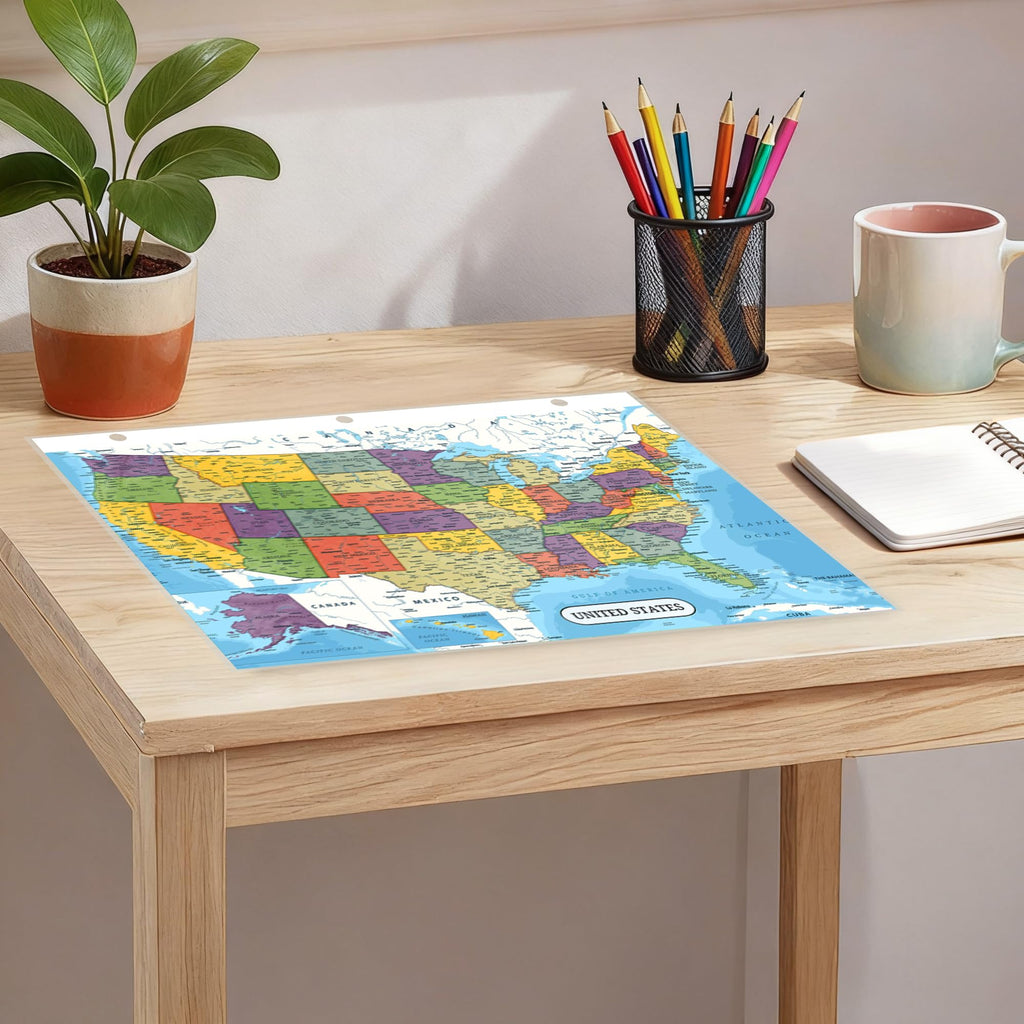 Detailed United States Map with State Flags – Laminated, Double-Sided 3-Ring Binder Insert – Durable Gloss Reference Chart