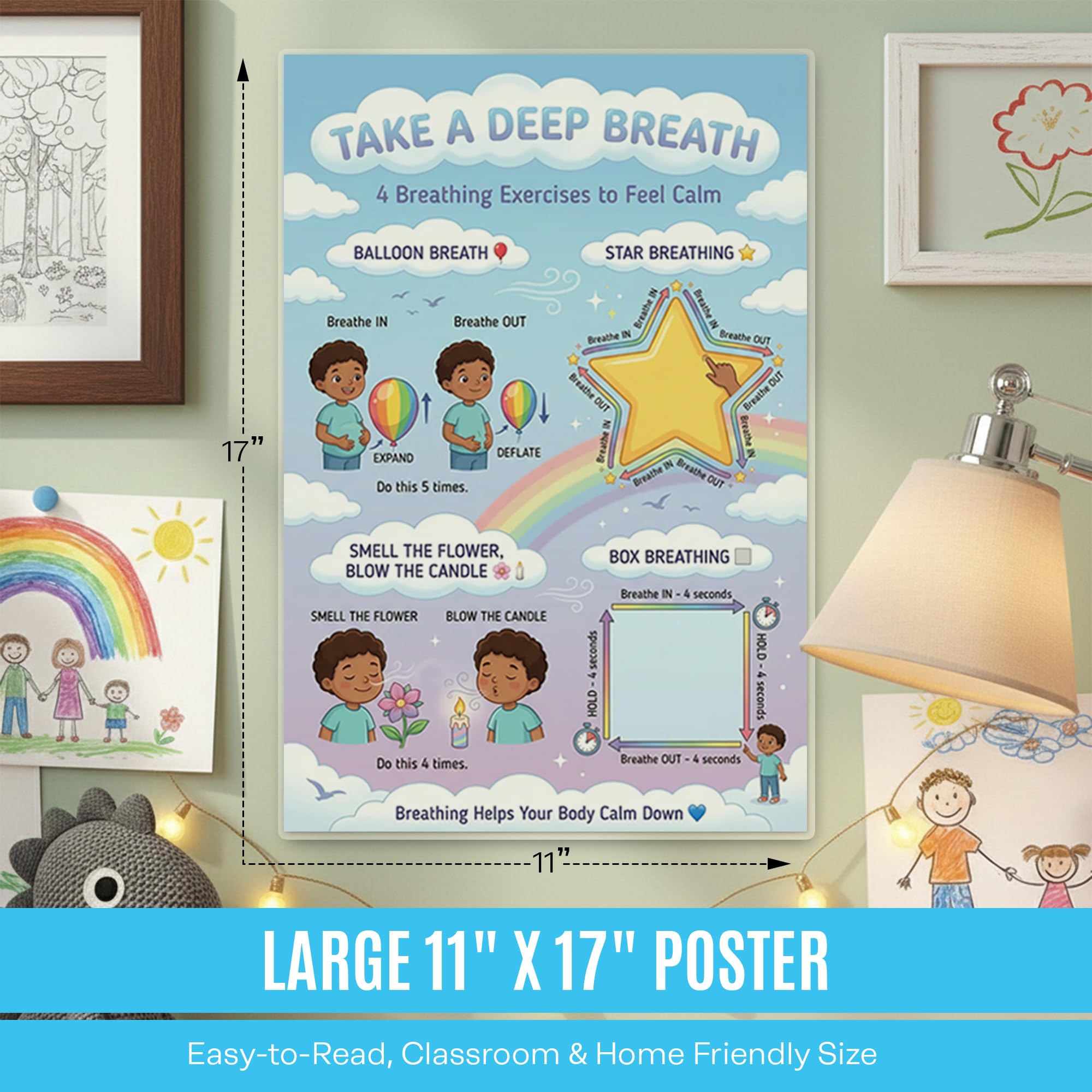 JELLY BEAN GENIUS 4 Breathing Exercises Poster for Kids – Balloon, Star, Flower & Box Breathing Emotional Awareness Visual