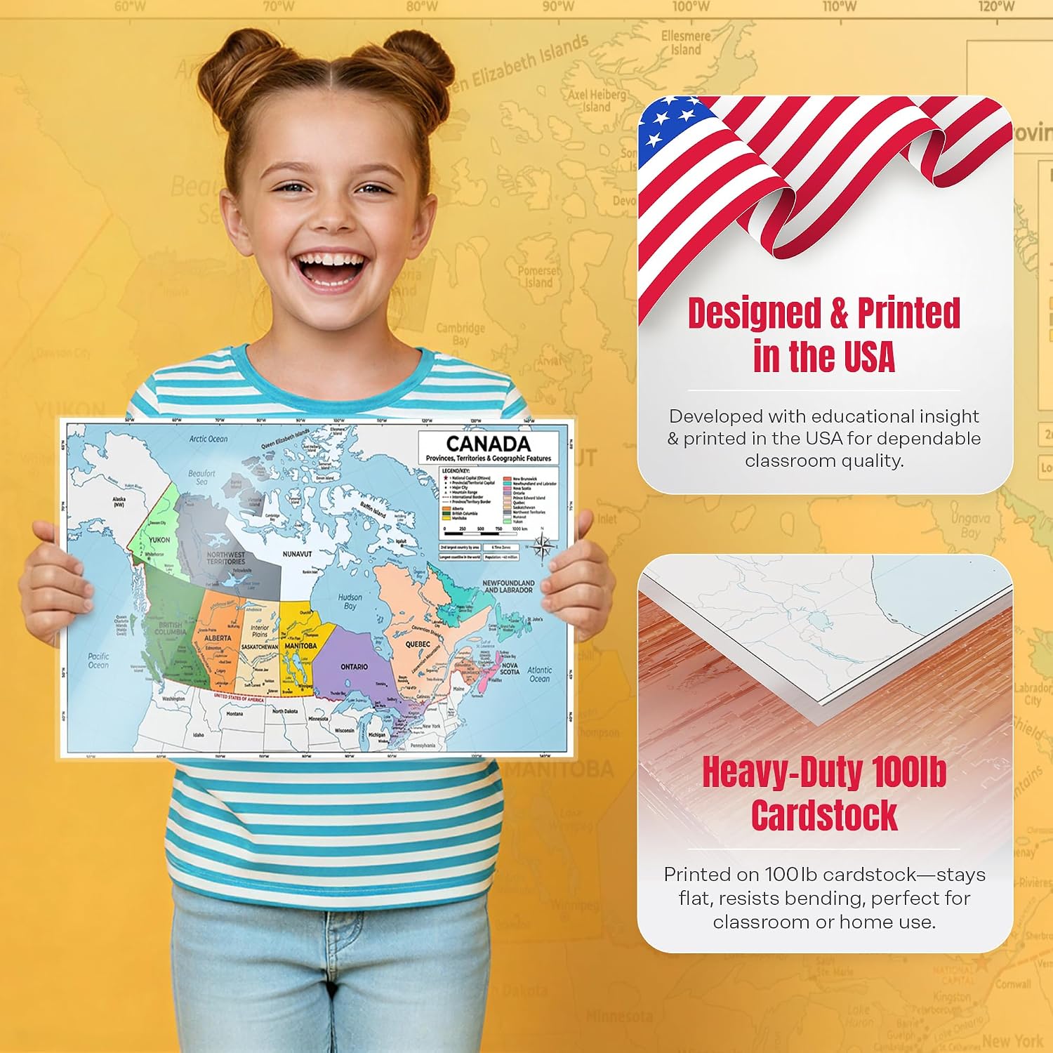Colorful map of Canada showing provinces and territories with labels on a laminated educational poster. — view 3