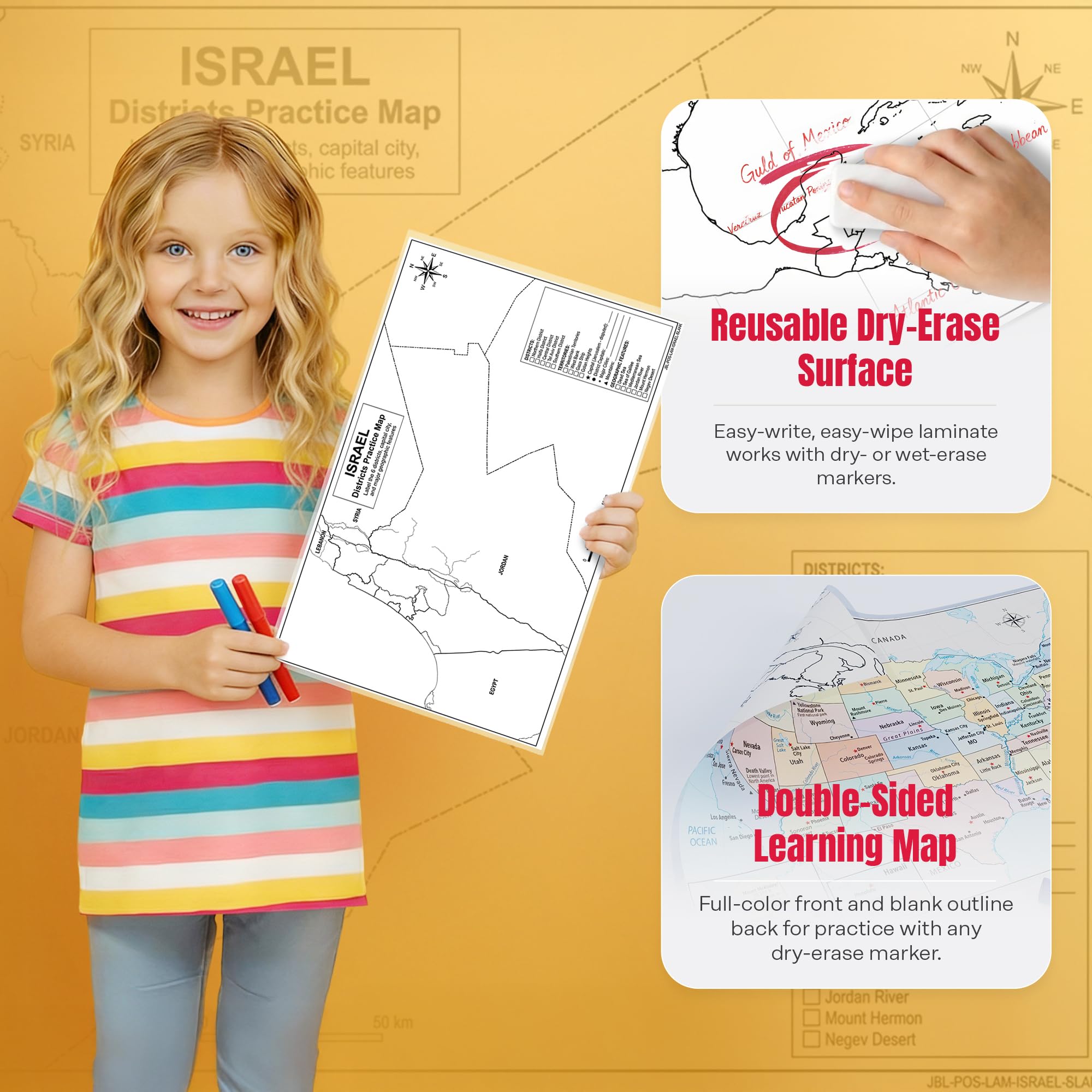 Israel Map Poster 11x17 | Laminated Double-Sided Geography Chart with Color Map Front & Blank Outline Back | Reusable