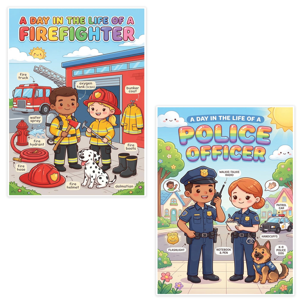 JELLY BEAN GENIUS Firefighter and Police Officer Mini Poster for Kids – Laminated Double-Sided Community Helpers Career