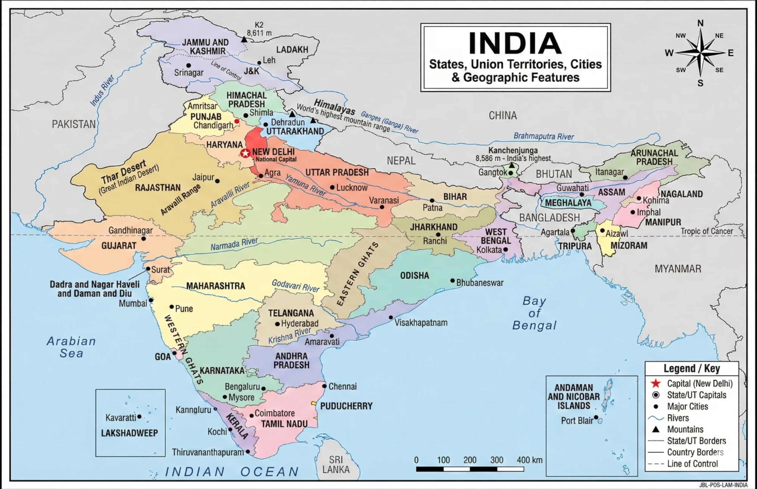 India Map Poster 11x17 | Laminated Double-Sided Geography Chart with Color Map Front & Blank Outline Back | Reusable