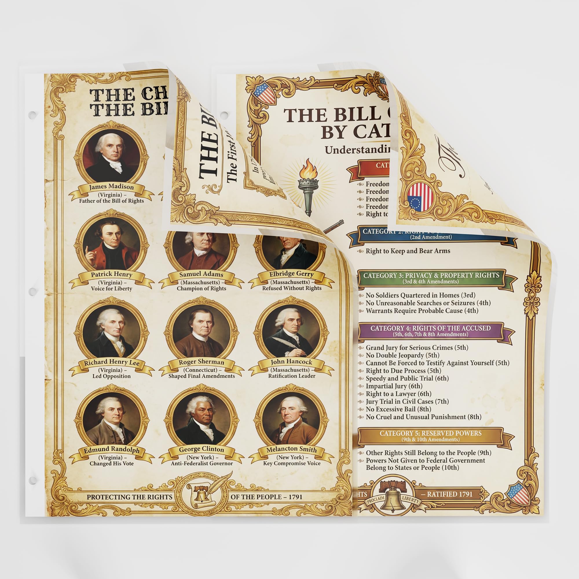 JELLY BEAN GENIUS Bill of Rights Binder Sheets (2 Pack) - Two-Sided 8.5x11 Laminated - All 10 Amendments - Constitutional