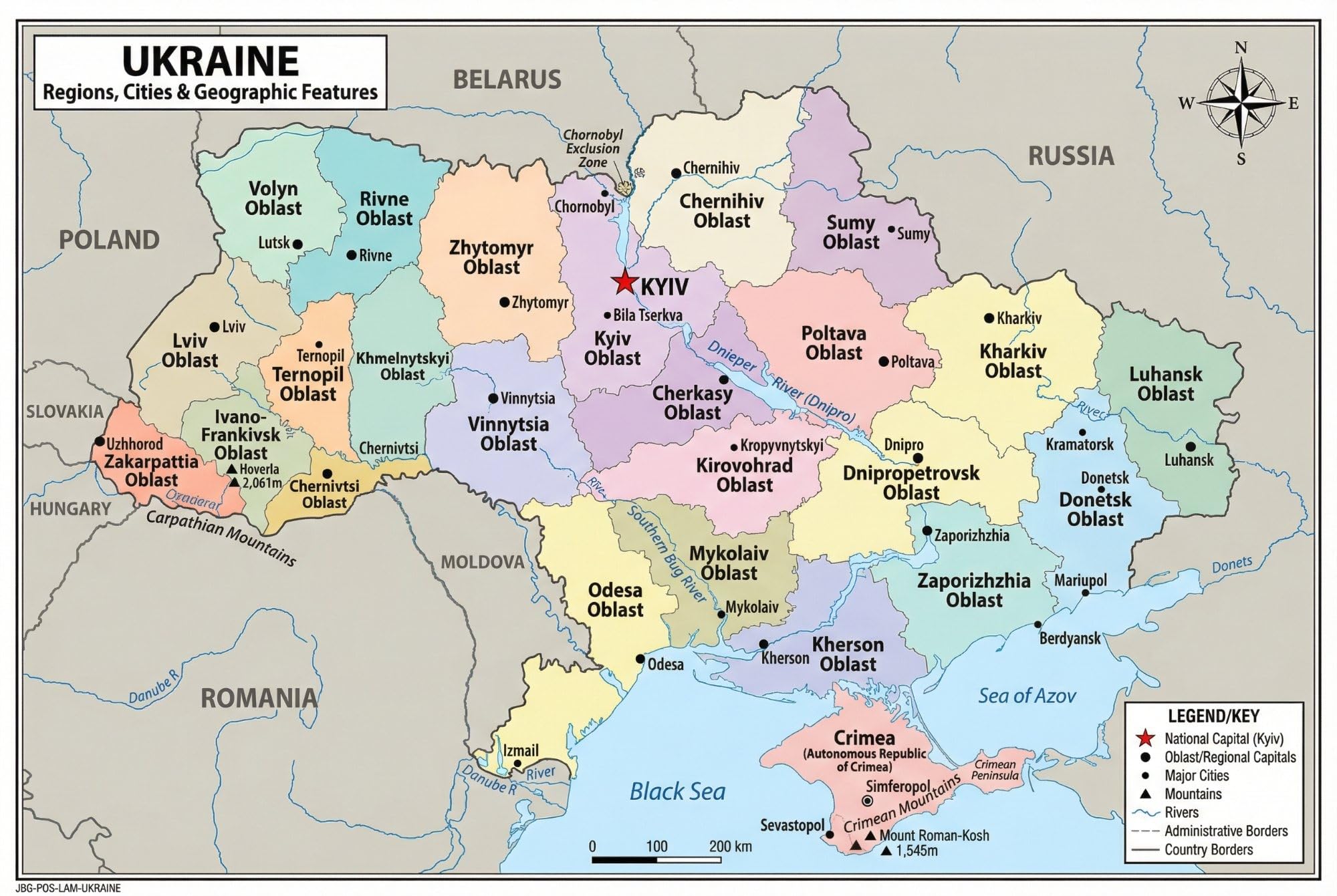 Ukraine Map Poster for Kids - Educational Geography Wall Art with 27 Oblasts, Capitals & Major Cities - Laminated