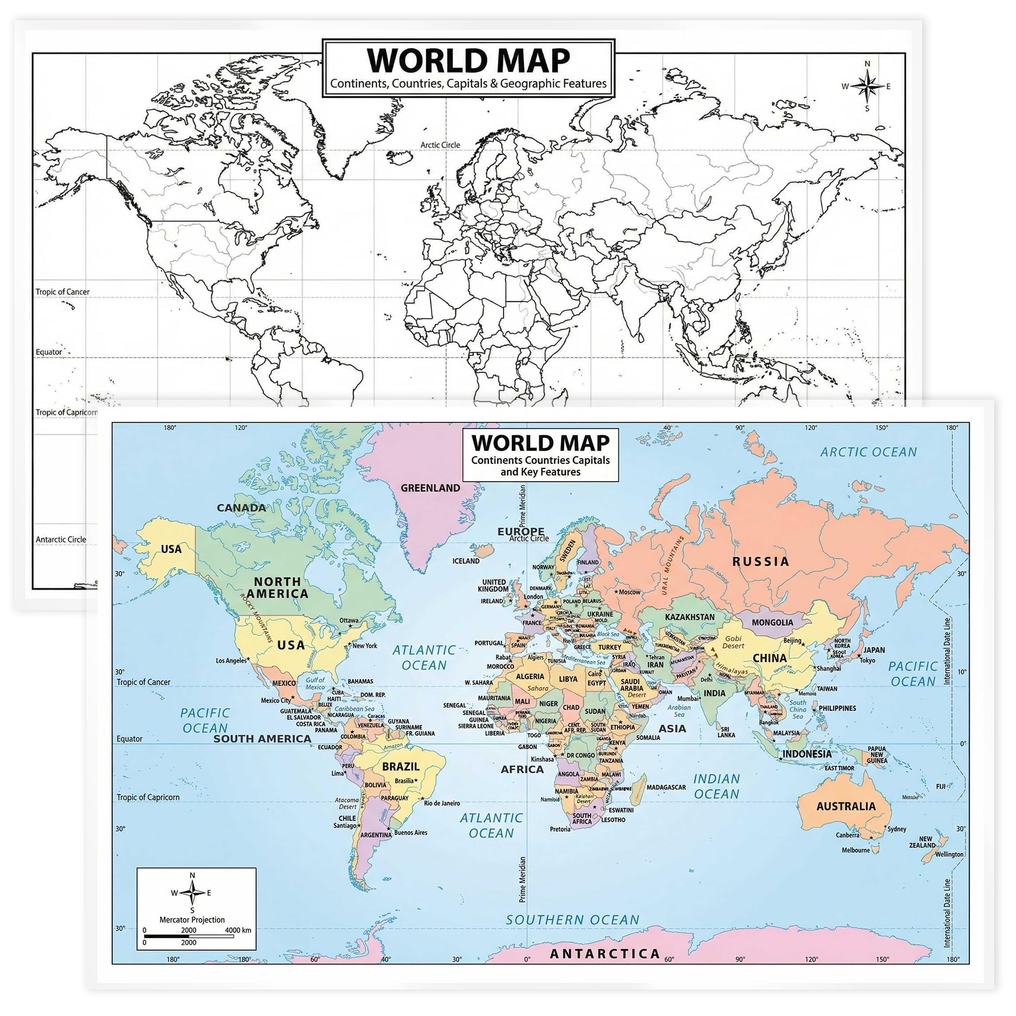 2026 Updated World Map Poster – 11x17 Laminated Dry Erase Study Map | Double-Sided Classroom Learning Tool with Color
