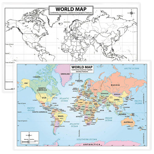 2026 Updated World Map Poster – 11x17 Laminated Dry Erase Study Map | Double-Sided Classroom Learning Tool with Color