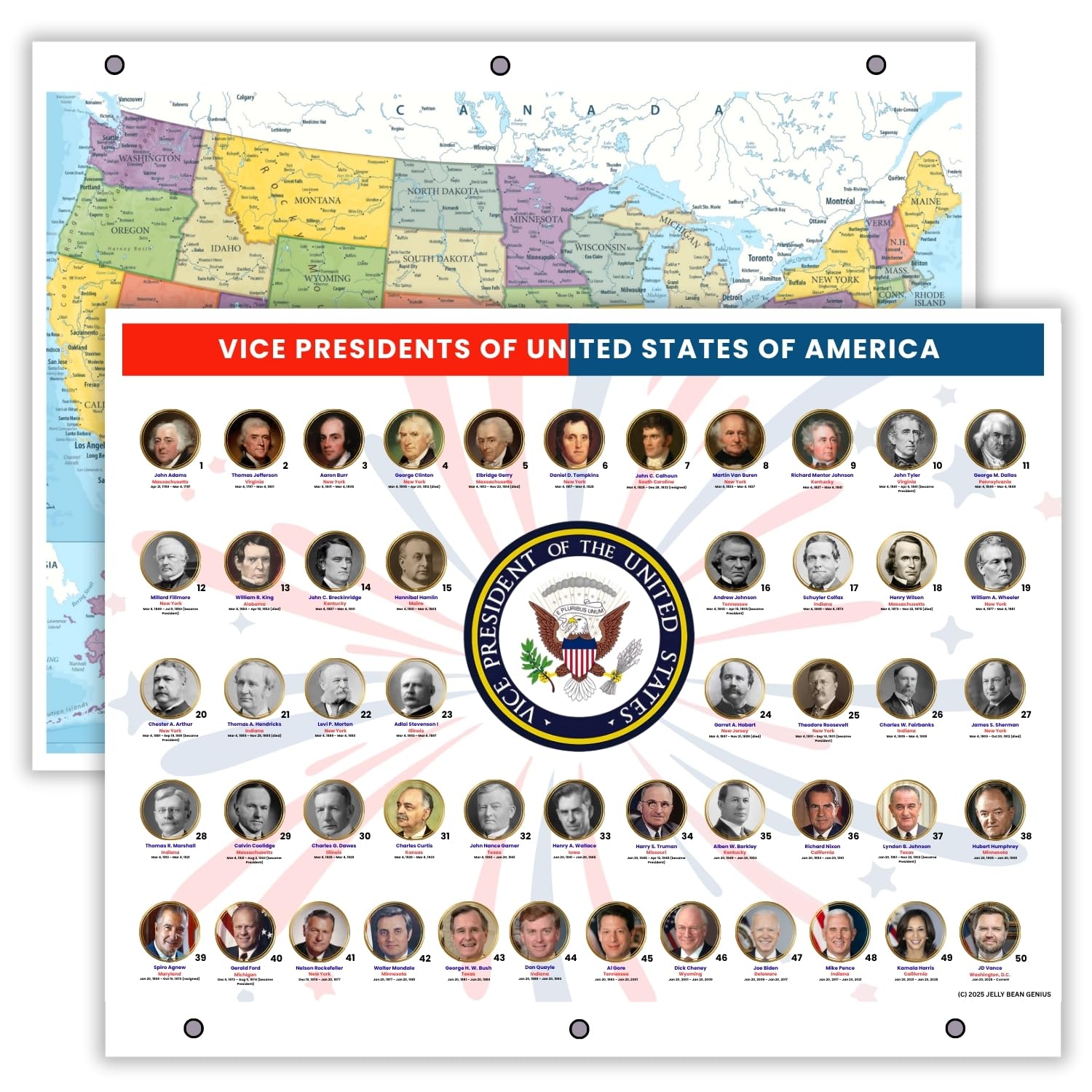 Updated Detailed United States Map & U.S. Vice Presidents Reference Page – Laminated, Double-Sided 3-Ring Binder Insert –