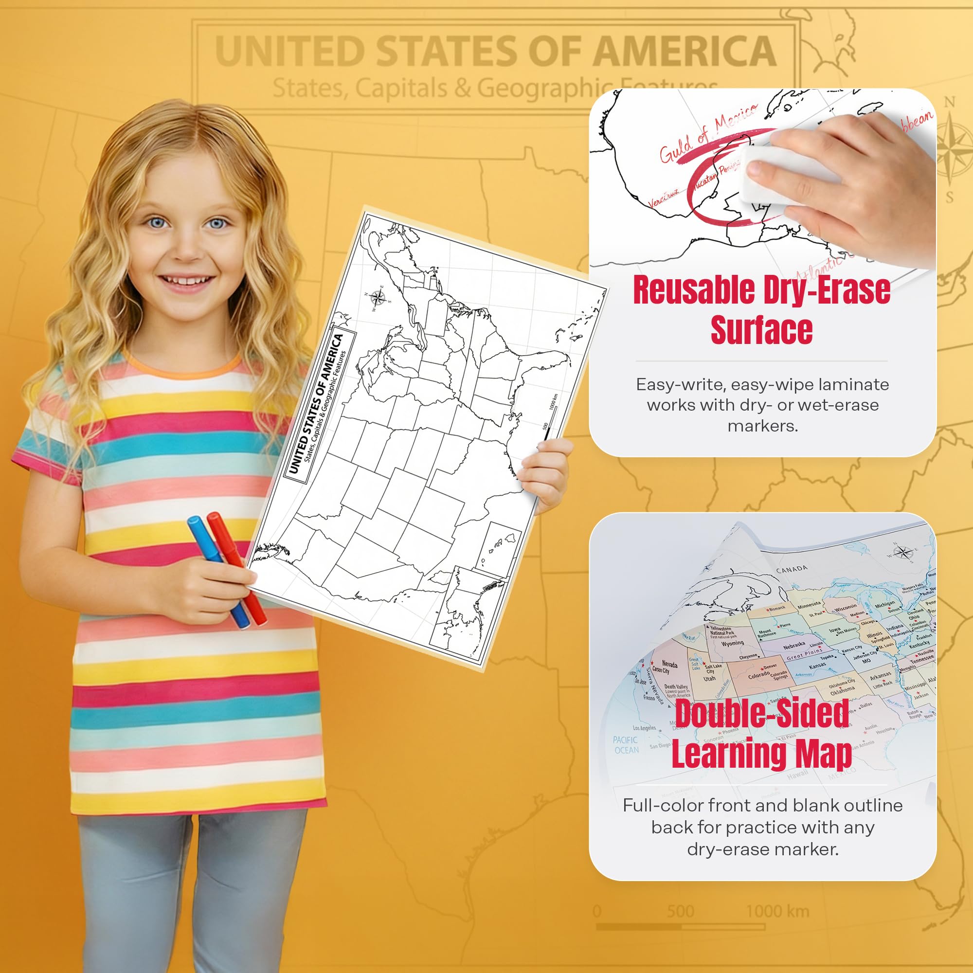 World Geography Map Set – 9-Pack Laminated 11x17 Dry Erase Study Maps | Double-Sided Classroom Learning Tools with Color