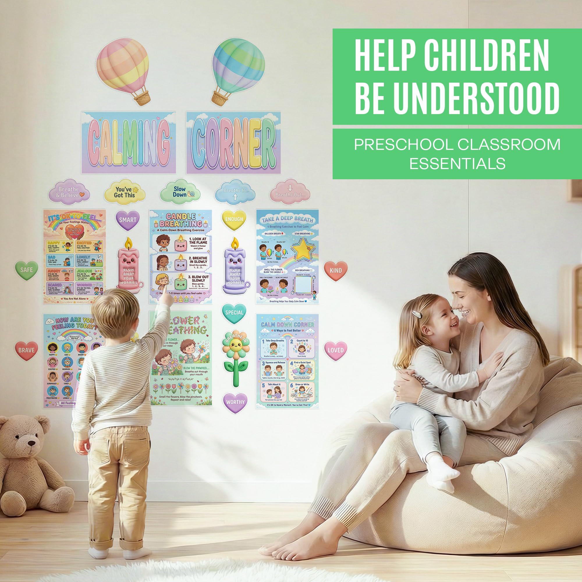 JELLY BEAN GENIUS Calming Corner Wall System for Kids – 29-Piece Social Emotional Learning & Emotional Awarenesss Visuals