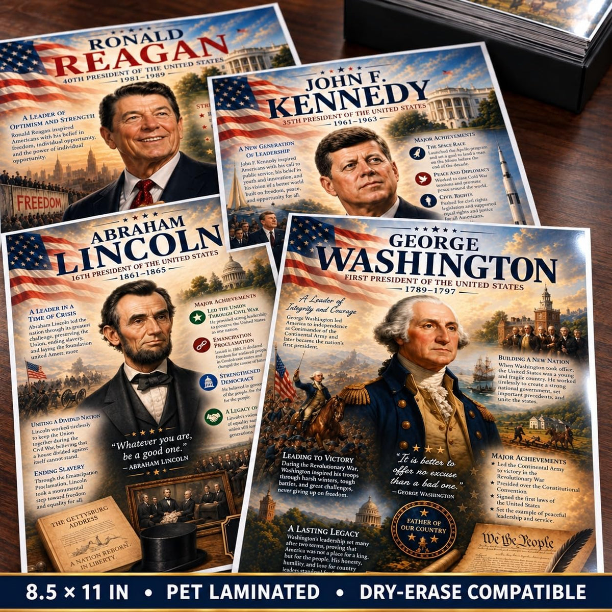 US Presidents Posters, 47-Piece American History Set, 8.5x11 Laminated
