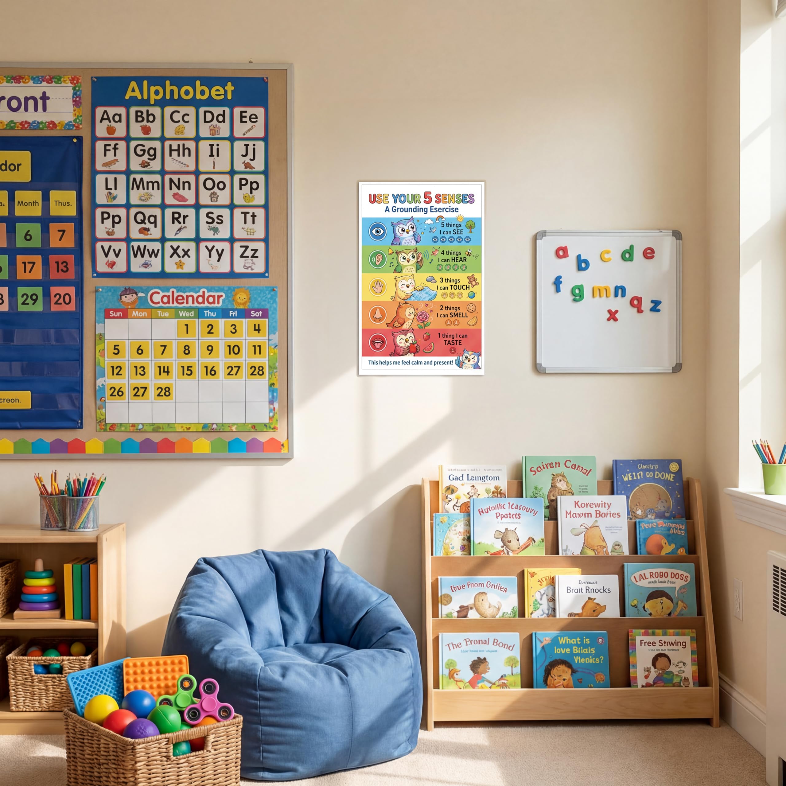 JELLY BEAN GENIUS 5-4-3-2-1 Grounding Poster for Kids – 5 Senses Calm Down Technique, Calm Corner Classroom Decor, SEL