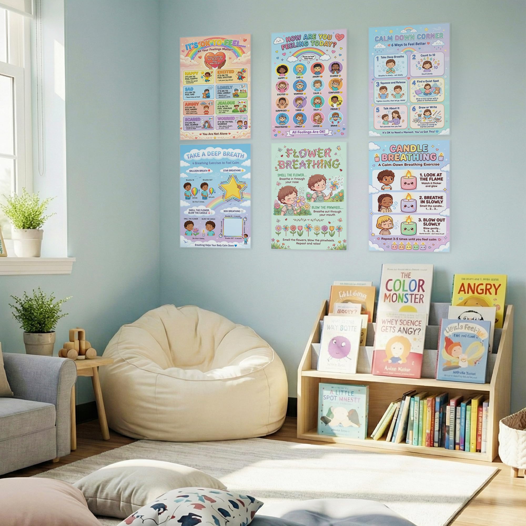JELLY BEAN GENIUS Calming Corner Essential Poster Set for Kids – 6-Piece Emotional Awareness & Social Emotional Learning
