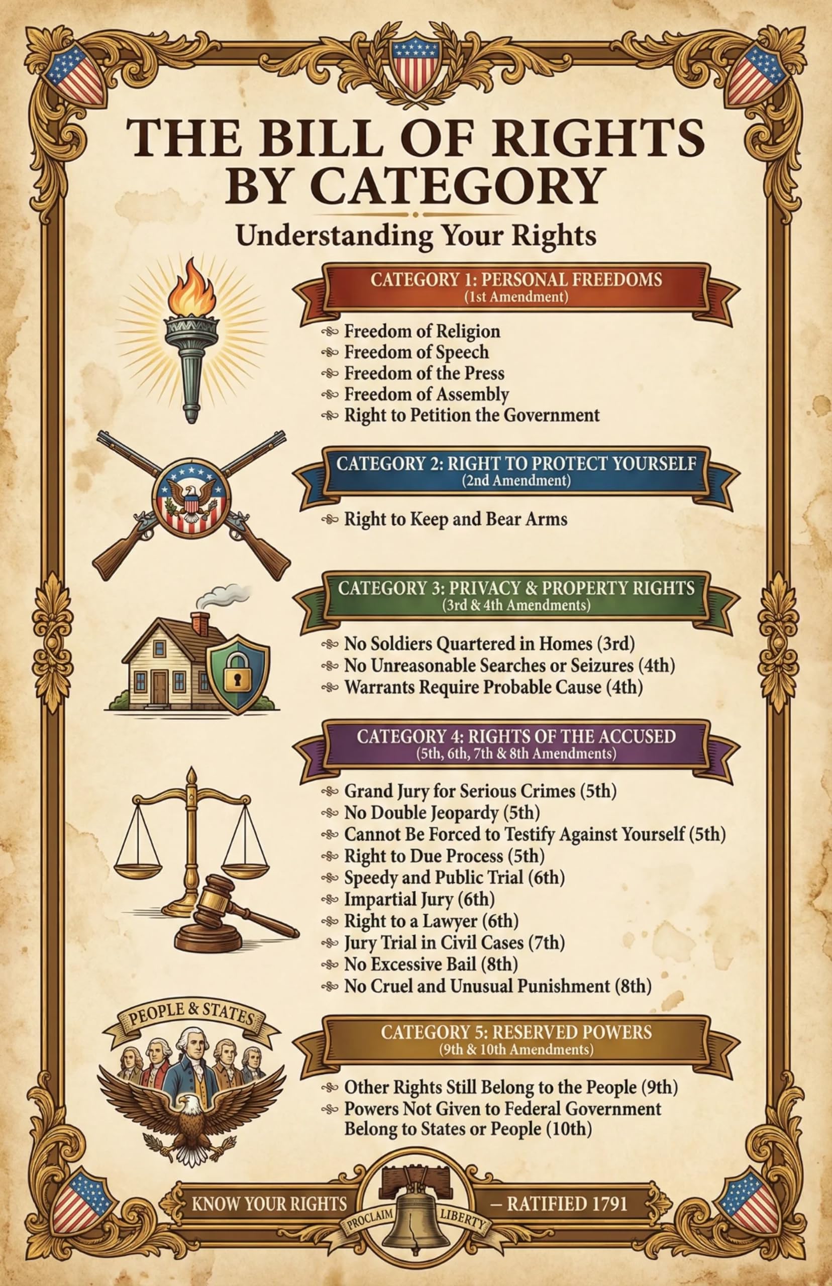JELLY BEAN GENIUS Bill of Rights by Category Poster - Constitutional Rights Organized by Type - Laminated 11x17