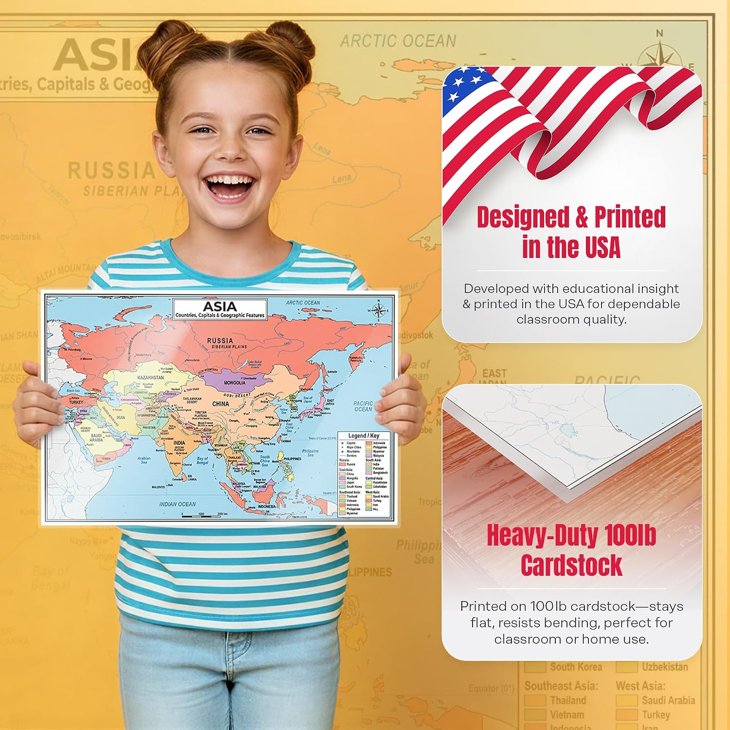 Laminated map of Asia poster with country labels and a printed QR code for audio lessons. — view 3