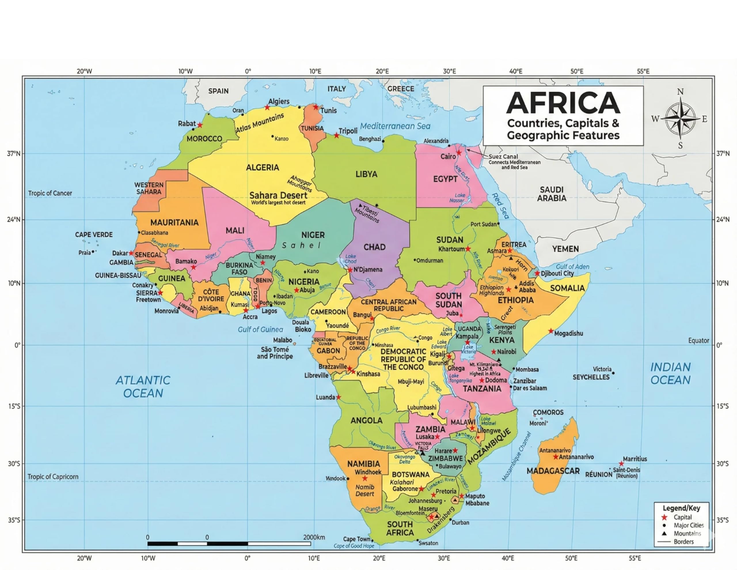 Africa Map Poster for Kids - 2-Sided Laminated 8.5x11, Countries Capitals & Geographic Features with Blank Practice Map