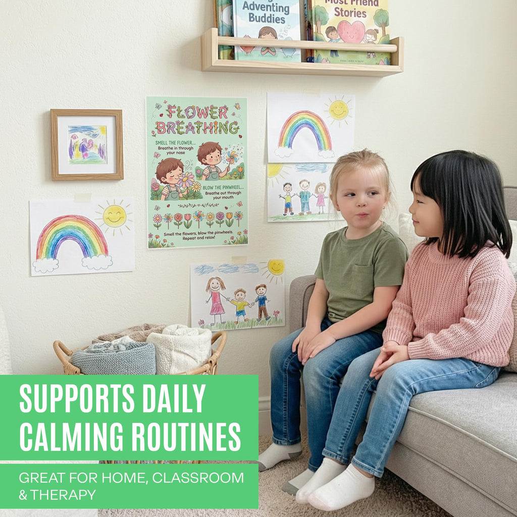 JELLY BEAN GENIUS Smell the Flower Blow the Pinwheel Breathing Poster for Kids – Deep Breathing & Emotional Awareness