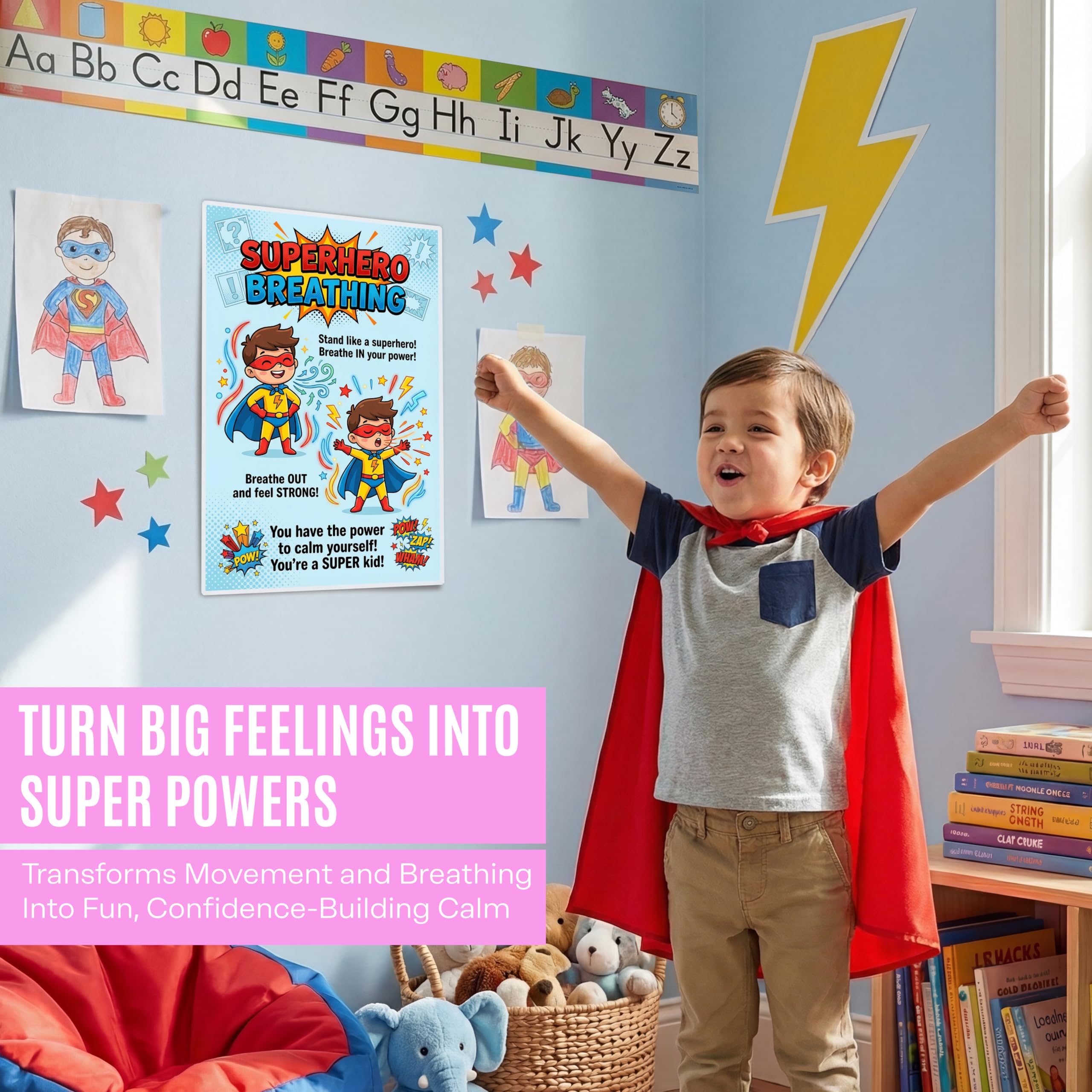 JELLY BEAN GENIUS Superhero Breathing Poster for Kids – Power Pose Calm Down Strategy, Calm Corner Classroom Decor, SEL