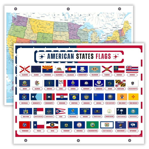 Detailed United States Map with State Flags – Laminated, Double-Sided 3-Ring Binder Insert – Durable Gloss Reference Chart for Study (2 Pack)