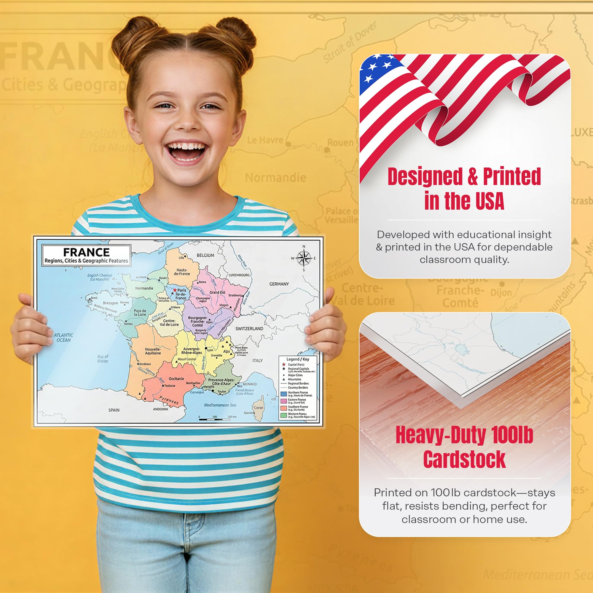 France Map Poster 11x17 | Laminated Double-Sided Geography Chart with Color Map Front & Blank Outline Back | Reusable